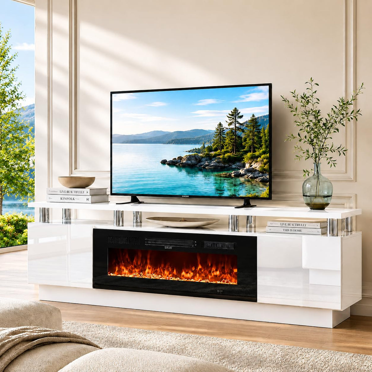 OneBlis Fireplace TV Stand, 70" Entertainment Center & Media Console, Fits TVs up to 80", Modern Living Room TV Cabinet with Storage Shelves, 36" Electric Fireplace, LED Flame