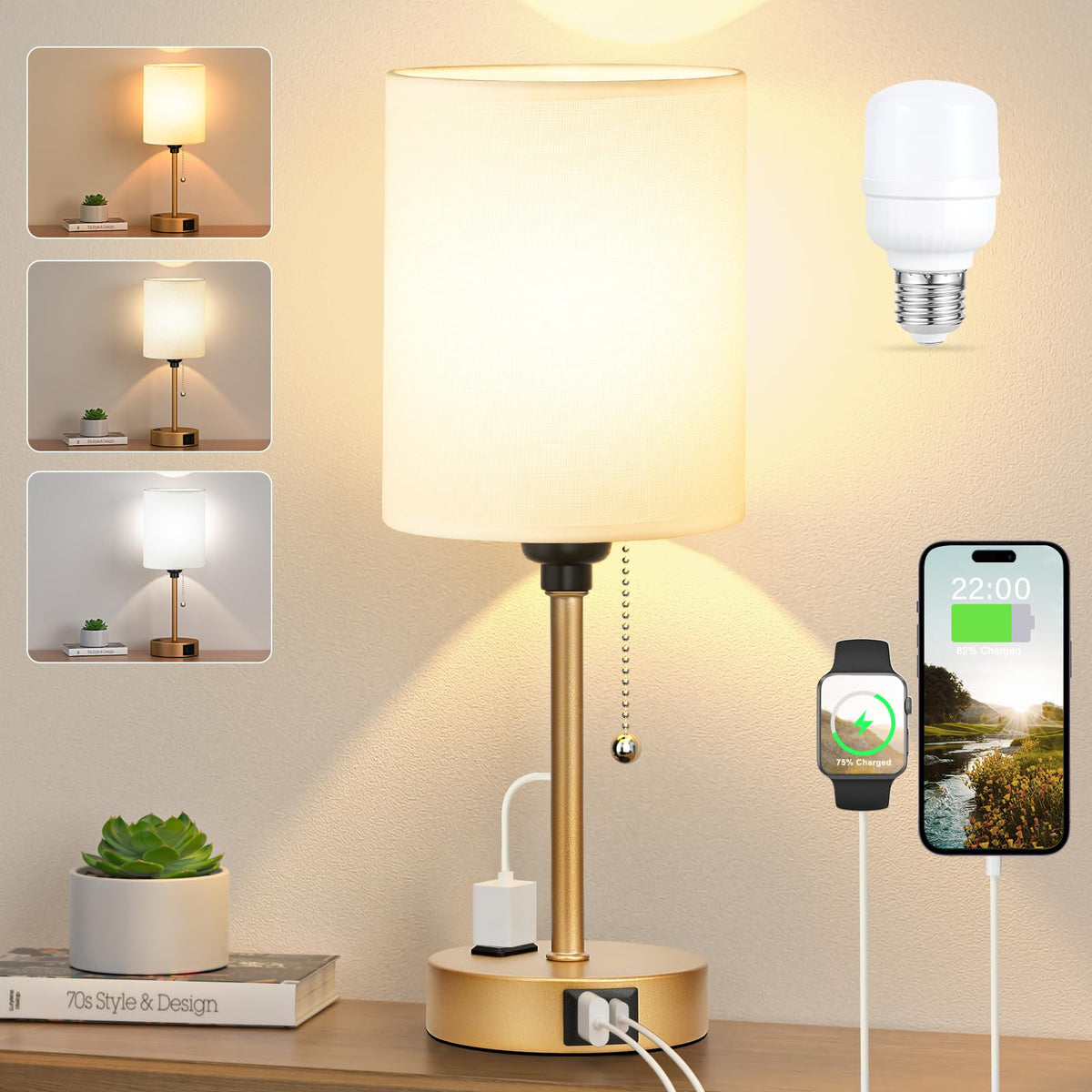 Dicoool Pull Chain Bedside Lamps for Bedroom,Small Lamp