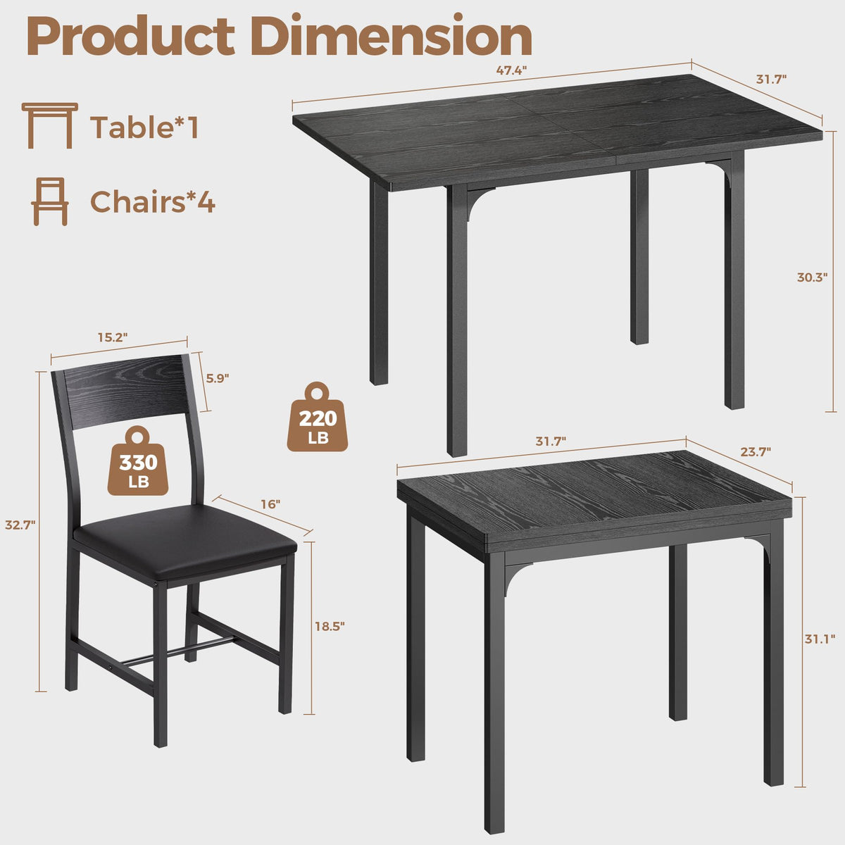 IRONCK 5-Piece Dining Table Set for 4, Extendable Kitchen Table Chairs Set of 4, Dining Room Table with 4 Upholstered Chairs, Folding for Small Space, Apartment