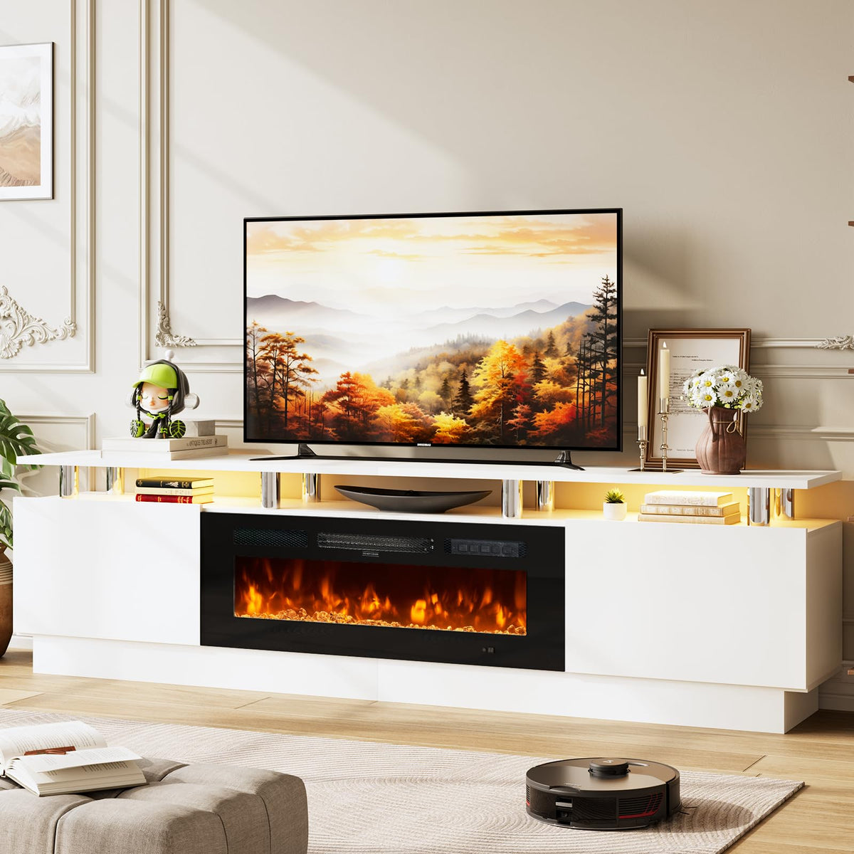 OneBlis Fireplace TV Stand, 70" Entertainment Center & Media Console, Fits TVs up to 80", Modern Living Room TV Cabinet with Storage Shelves, 36" Electric Fireplace, LED Flame