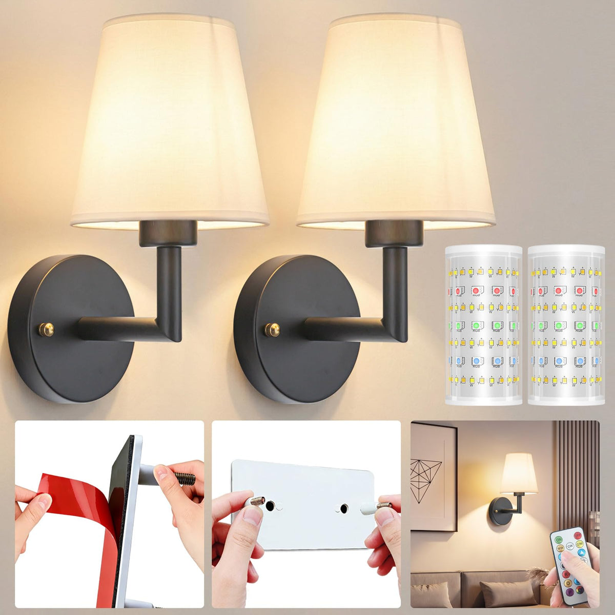 Battery Operated Wall Sconces Set Of Two, Wireless Battery Wall Light With 10000mAh RGB Rechargeable Magnetic Bulb, Rechargeable Wall Sconce With Remote Control For Bedroom, No Electrician Required