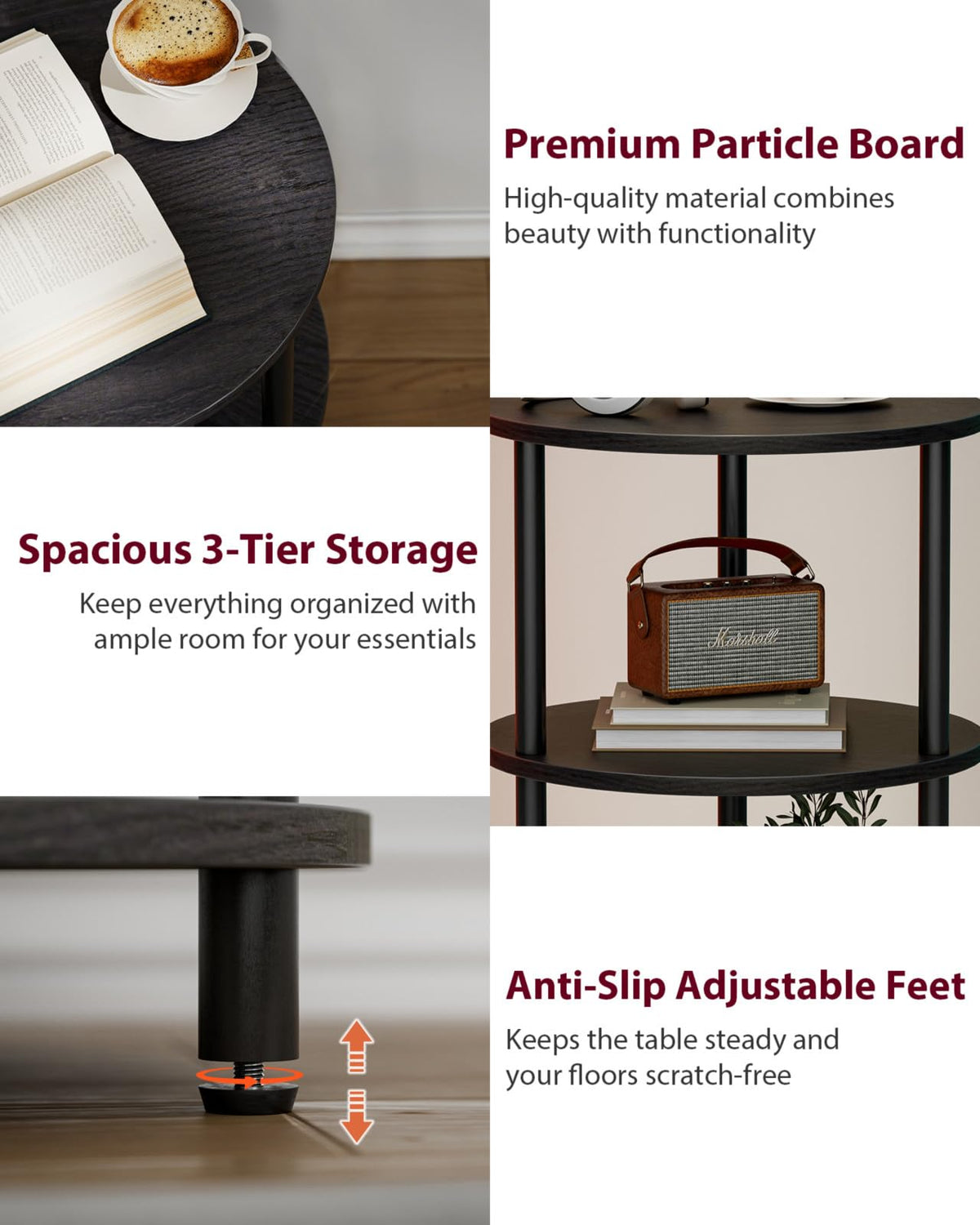 XBurmo Small Round End Table - 3 Tier Design Accent Table, Narrow Side or Bedside Stand, Industrial Vintage Nightstand for Bedroom, Living Room, or Small Spaces