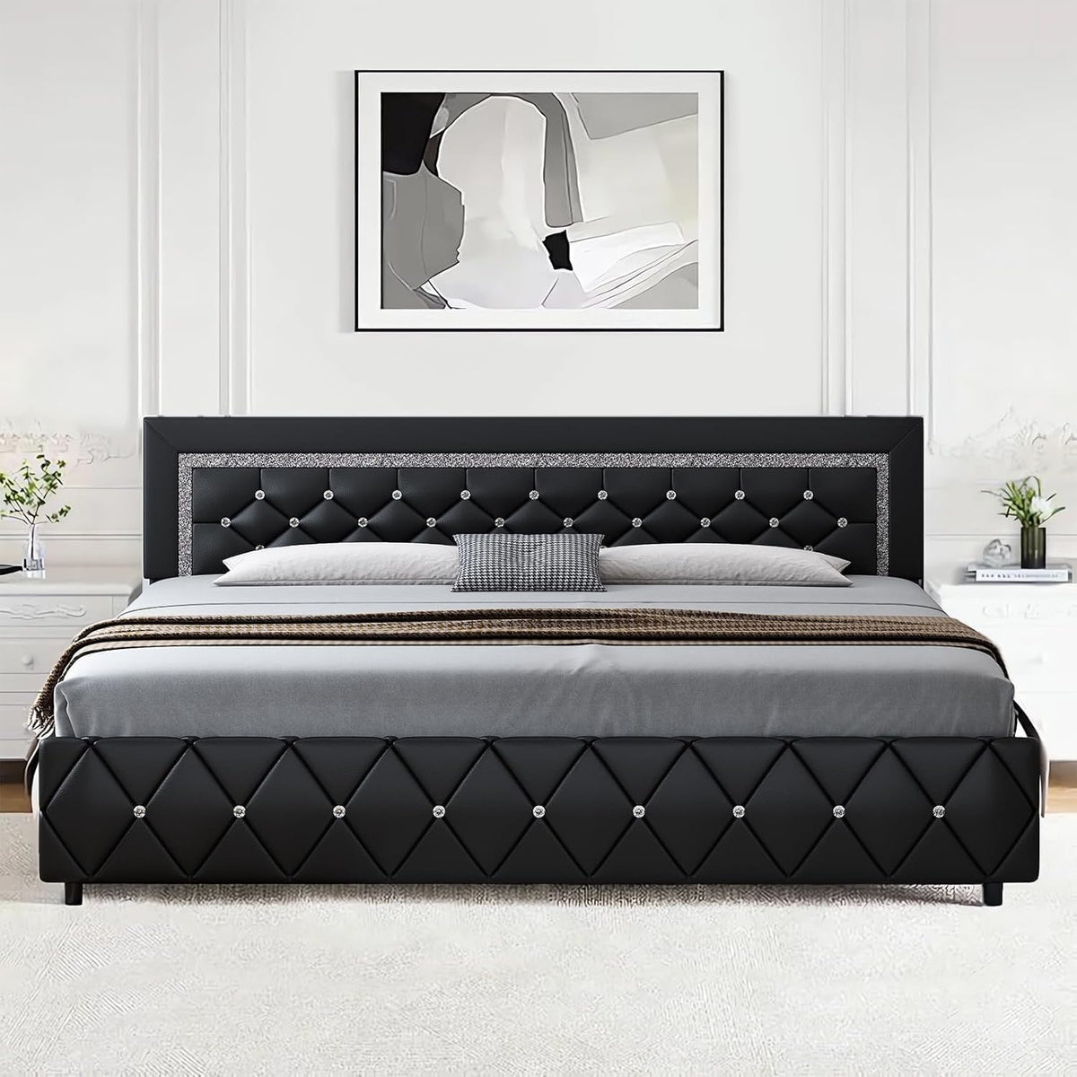 HOMBCK Bed Frame with Diamond Headboard, Faux Leather Upholstered Platform Bed, Mattress Foundation, No Box Spring Needed, Easy Assembly