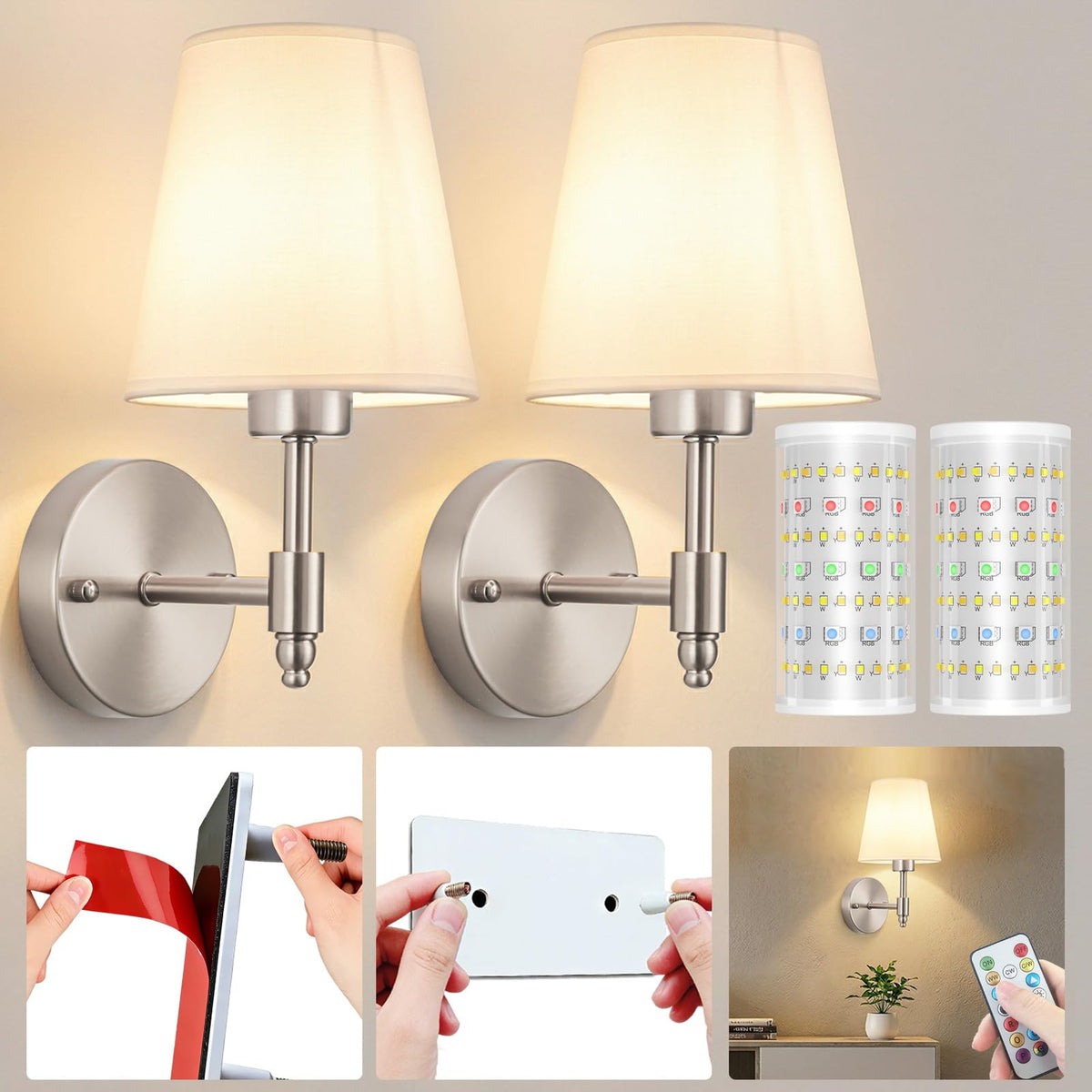 Battery Operated Wall Sconces Set Of Two, Wireless Battery Wall Light With 10000mAh RGB Rechargeable Magnetic Bulb, Rechargeable Wall Sconce With Remote Control For Bedroom, No Electrician Required