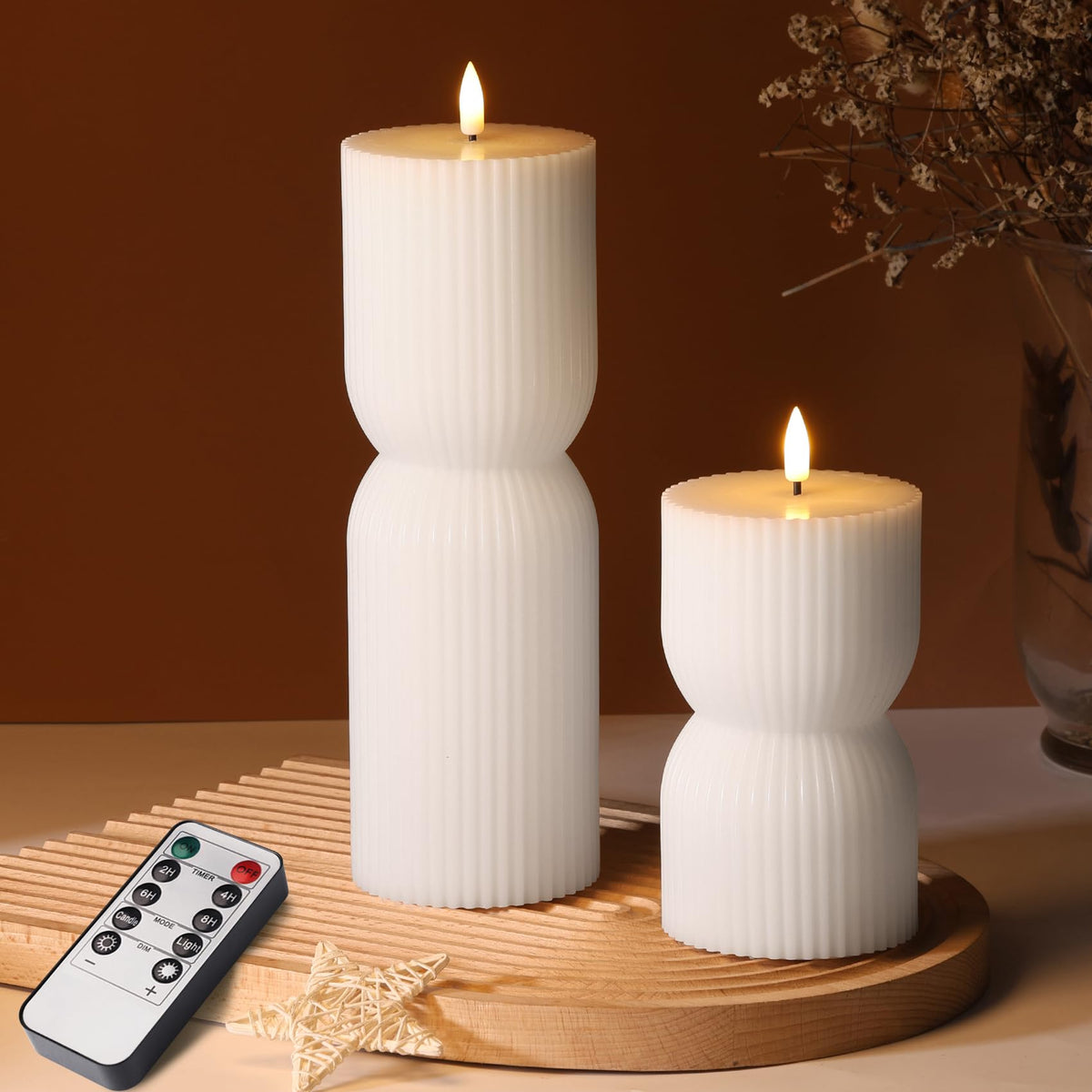 Girimax Ribbed Flameless Pillar Candles with Remote Set of 2