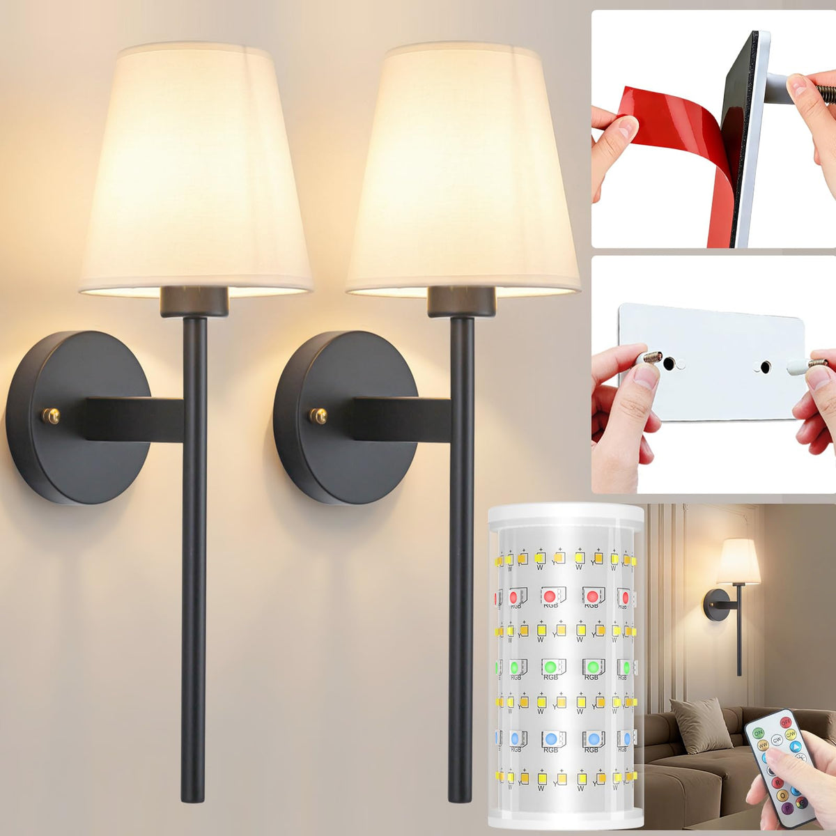 Battery Operated Wall Sconces Set Of Two, Wireless Battery Wall Light With 10000mAh RGB Rechargeable Magnetic Bulb, Rechargeable Wall Sconce With Remote Control For Bedroom, No Electrician Required