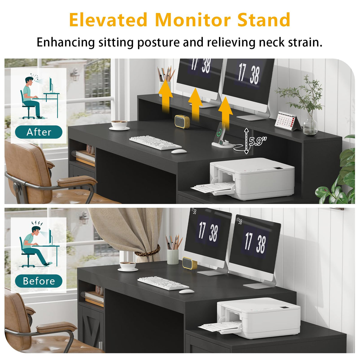 TVU Farmhouse Computer Desk with Drawers, 65'' Home Office Desk with Power Outlets, Storage Cabinet and Printer Stand, Study Writing Desks with Long Monitor Stand, White