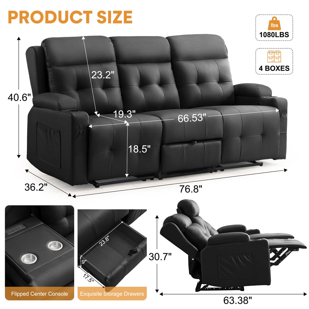 Korser 3-Seater Loveseat Recliner Sofa, Manual Recliner Chair with Flip Back Console, Cup Holder & USB, Home Theater Seating for Family Party, PU Leather