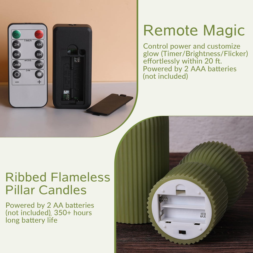 Girimax Ribbed Flameless Pillar Candles with Remote Set of 2