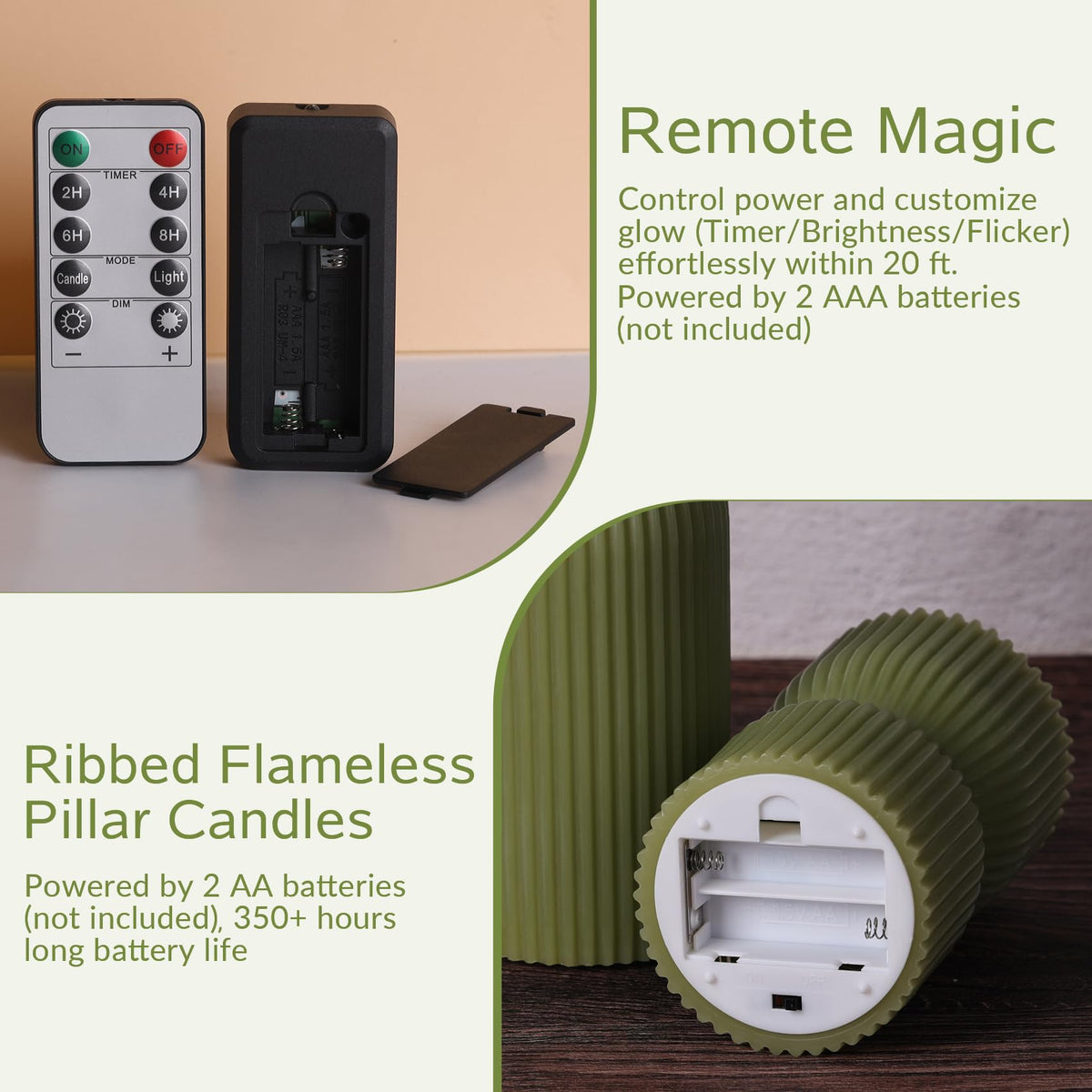 Girimax Ribbed Flameless Pillar Candles with Remote Set of 2