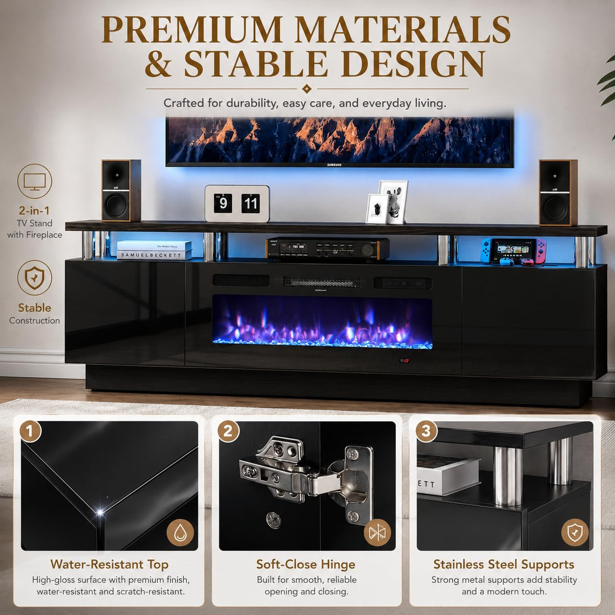 OneBlis Fireplace TV Stand, 70" Entertainment Center & Media Console, Fits TVs up to 80", Modern Living Room TV Cabinet with Storage Shelves, 36" Electric Fireplace, LED Flame