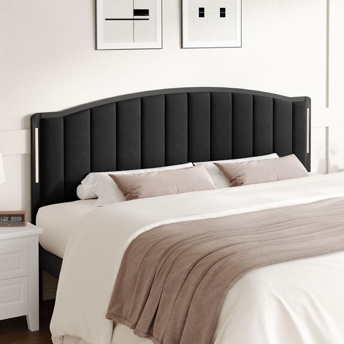 Salamir Headboard for Bed with LED Lights, Upholstered Vertical Channel Tufting Head Boards, Linen Fabric Bed Headboard Only, Study & Comfortable, Ideal for Bedroom, Dorm, Guest Room, Grey