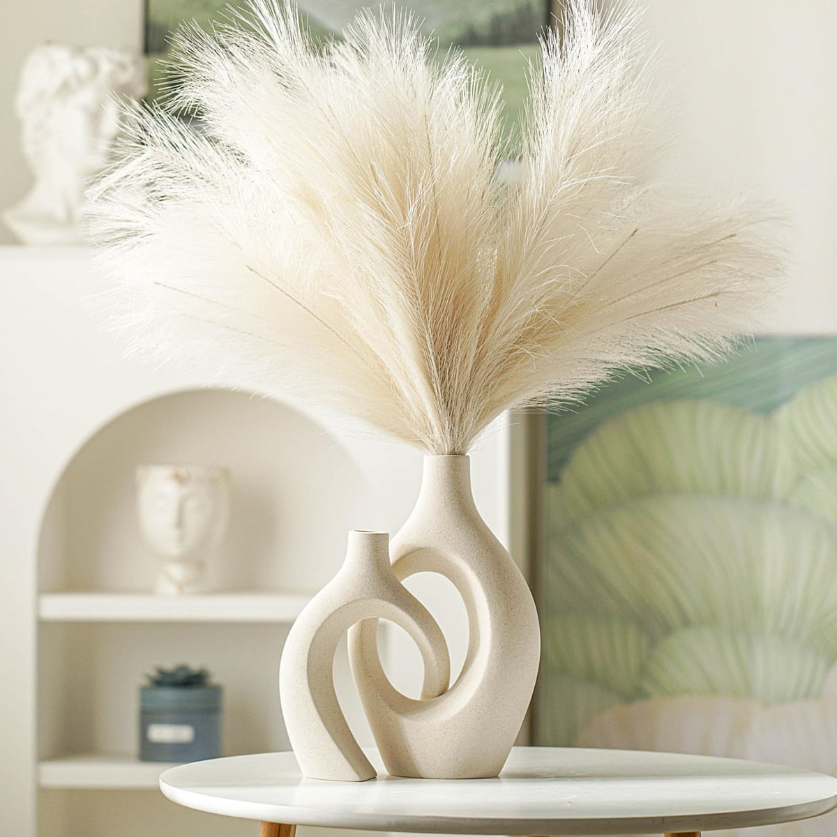 Lvases Cream White Hollow Ceramic Vase Set of 2 for Modern Book Shelf Decor, Nordic Boho Aesthetic Vase, Decorative Pampas Grass Vases for Home Dining Console Console Entry Table