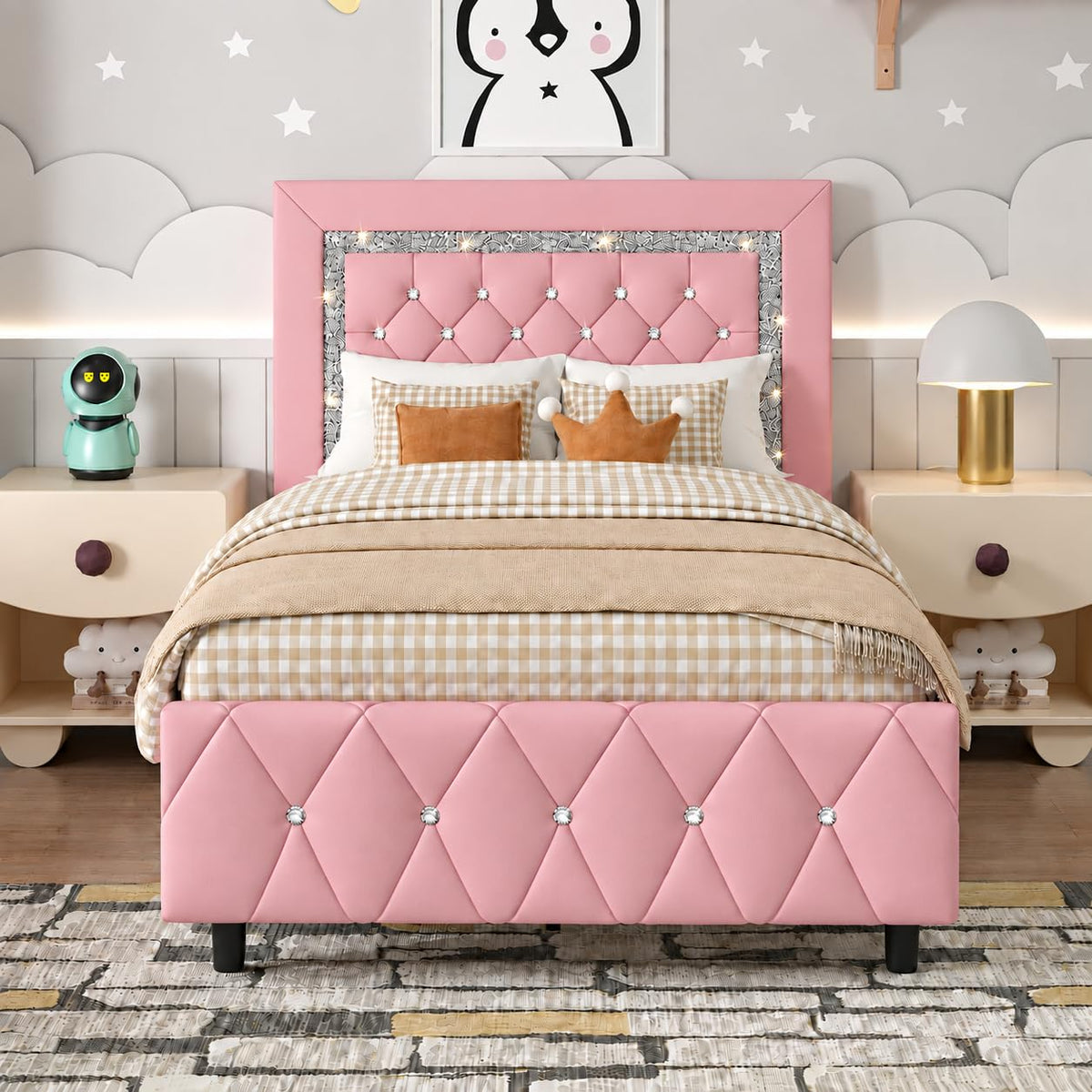 HOMBCK Bed Frame with Diamond Headboard, Faux Leather Upholstered Platform Bed, Mattress Foundation, No Box Spring Needed, Easy Assembly