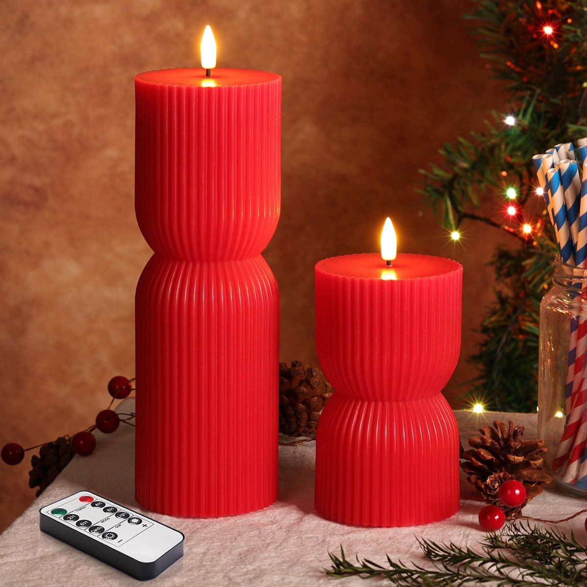 Girimax Ribbed Flameless Pillar Candles with Remote Set of 2