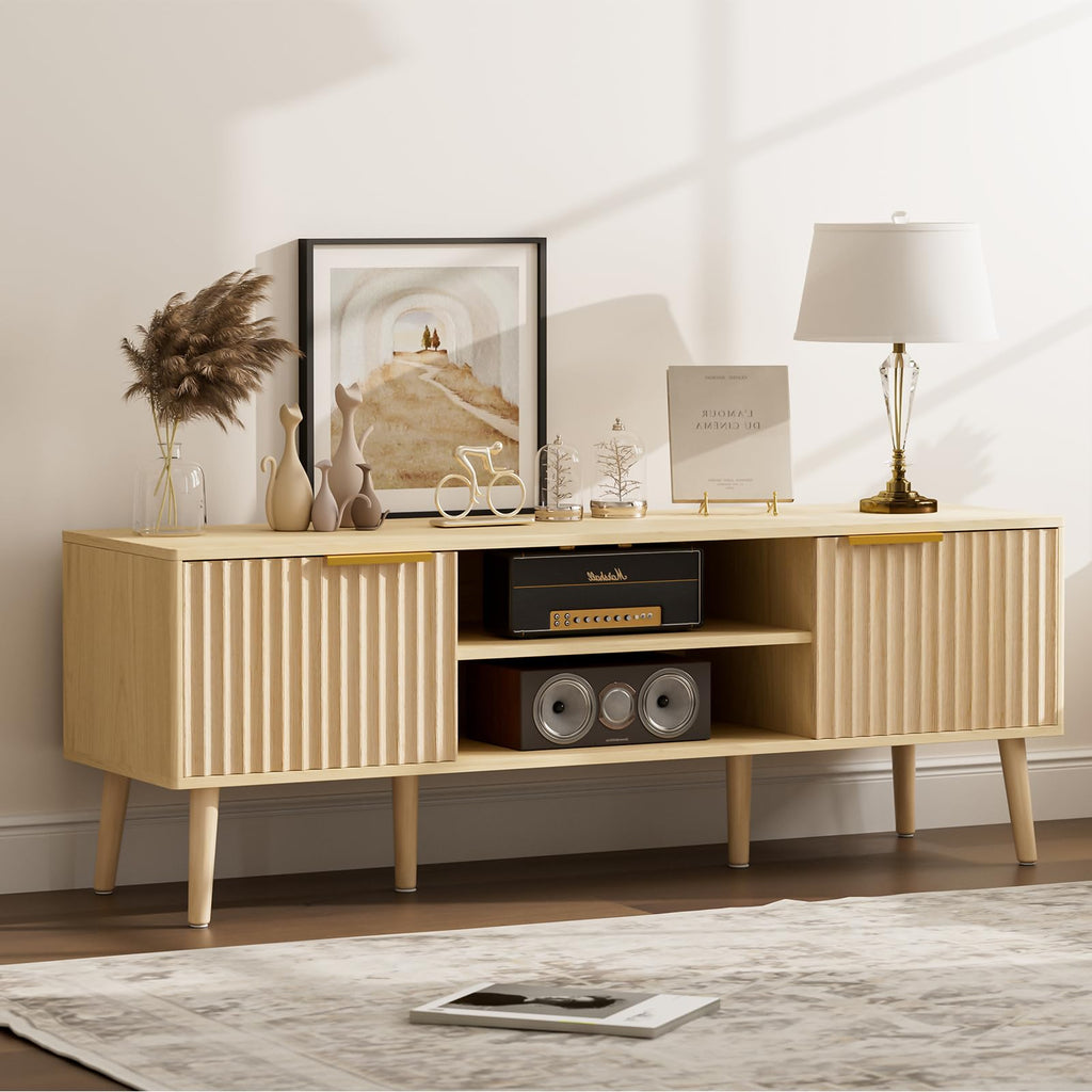 LCRBOL TV Stand for Living Room, Modern Entertainment Center for 55/60 inch TVs, TV Console with Fluted Door Cabinets and Open Shelves, for Bedroom
