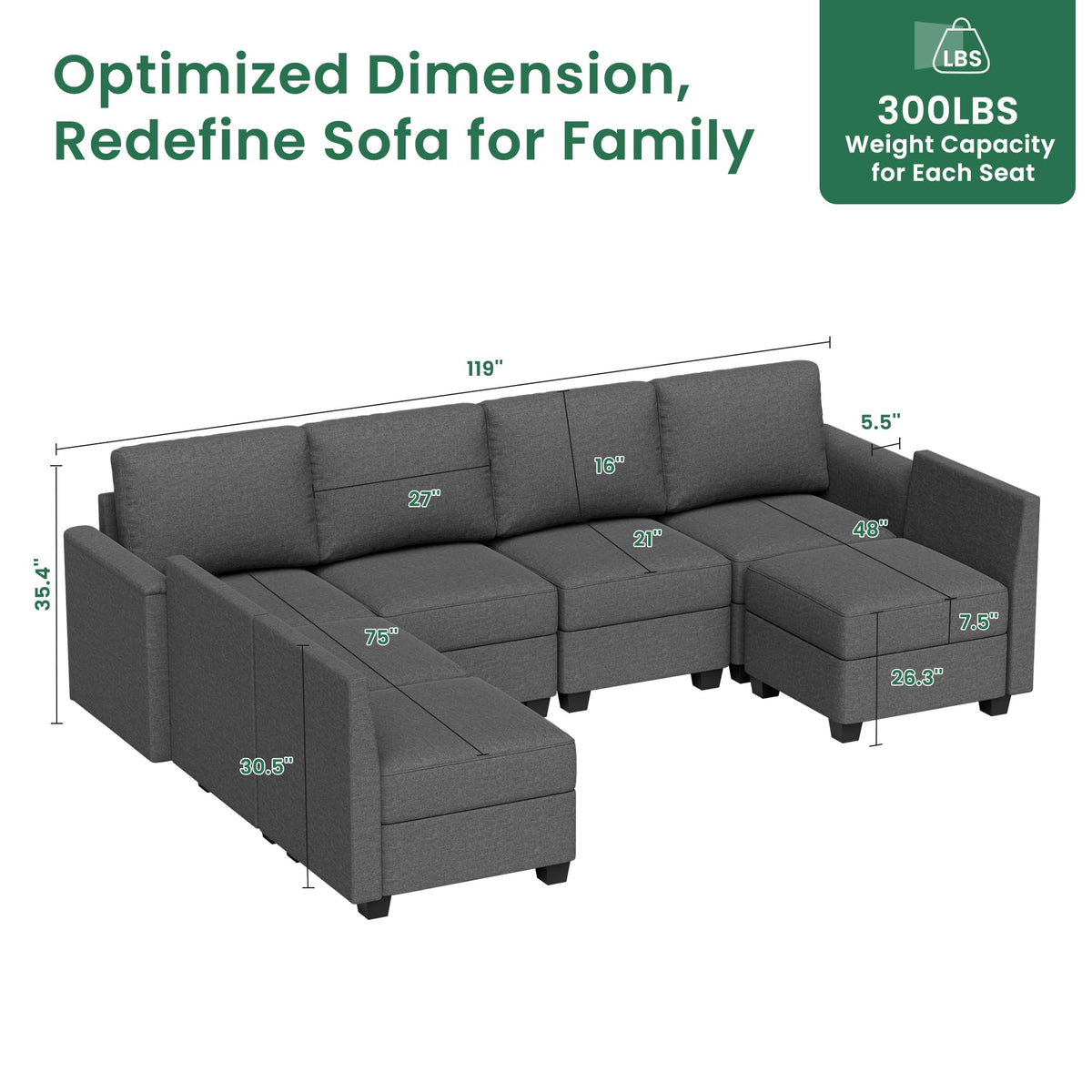 Modular Sectional Sofa with Storage Seat Upgrade Convertible Sofa Couch for Living Room,Deep 27'' Ottoman, Foam Cushion