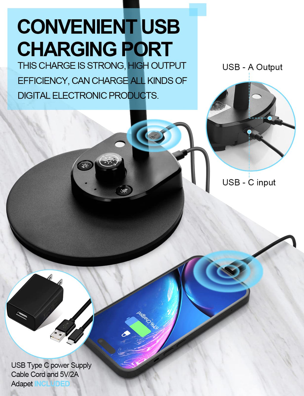 BOHON LED Desk Lamp with USB Charging Port 3 Color Modes Dim Reading Light