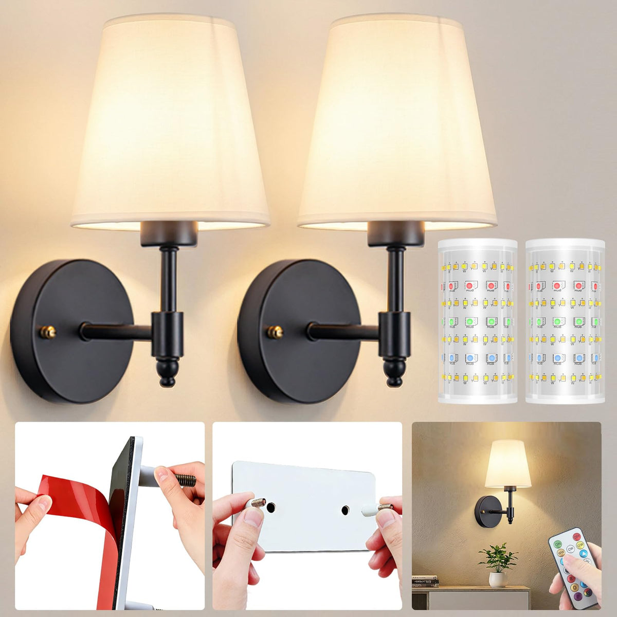 Battery Operated Wall Sconces Set Of Two, Wireless Battery Wall Light With 10000mAh RGB Rechargeable Magnetic Bulb, Rechargeable Wall Sconce With Remote Control For Bedroom, No Electrician Required