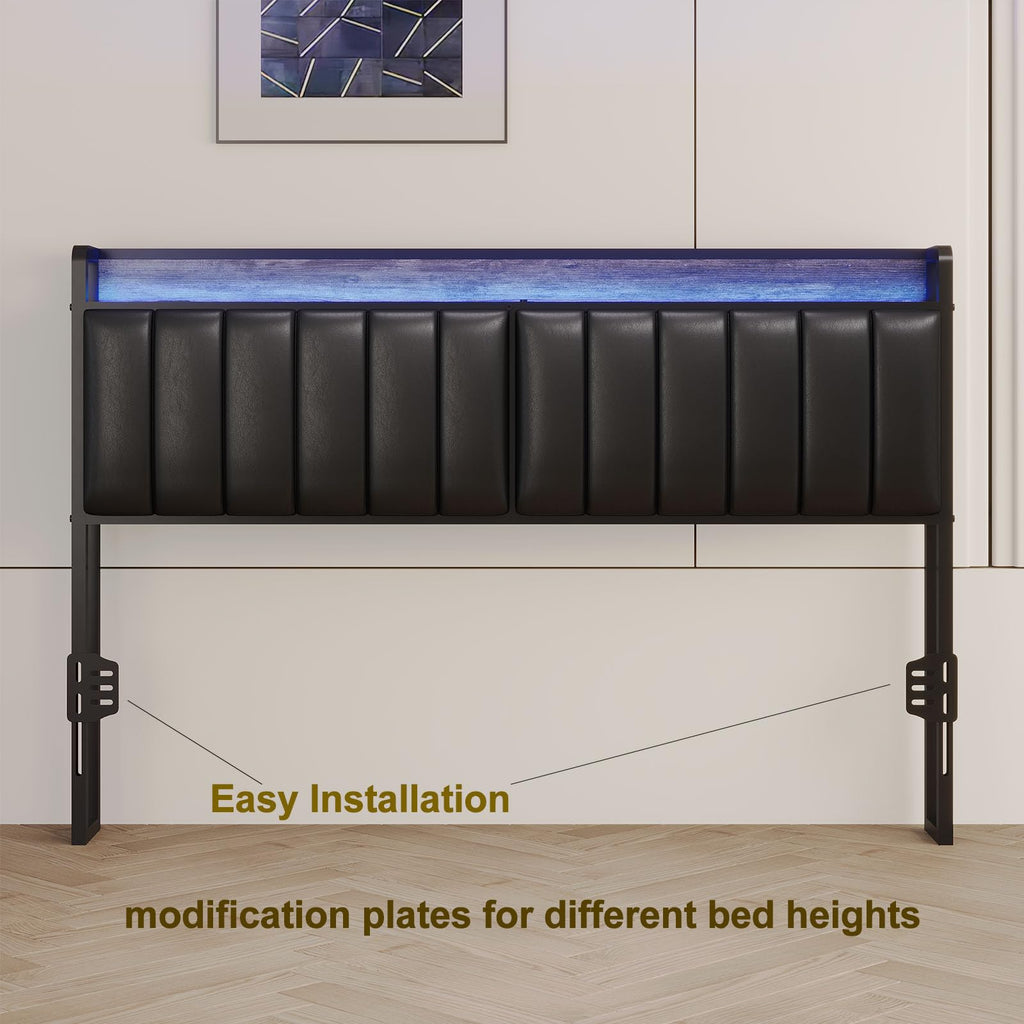 Muluflower Upholstered Headboard with LED Lights & Charging Station, PU Upholstery, Headboard Only, Height Adjustable, Attach Frame, Sturdy and Stable, Easy Assembly