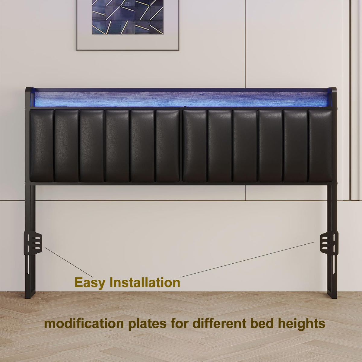 Muluflower Upholstered Headboard with LED Lights & Charging Station, PU Upholstery, Headboard Only, Height Adjustable, Attach Frame, Sturdy and Stable, Easy Assembly