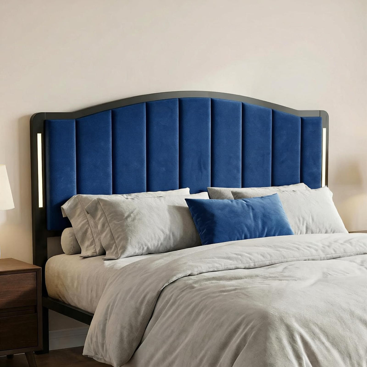 Salamir Headboard for Bed with LED Lights, Upholstered Vertical Channel Tufting Head Boards, Linen Fabric Bed Headboard Only, Study & Comfortable, Ideal for Bedroom, Dorm, Guest Room, Grey