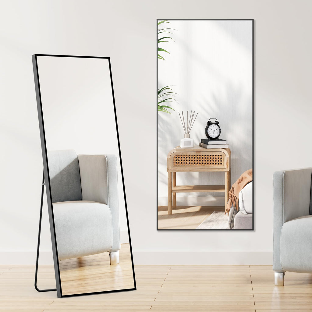 DUMOS Full Length Mirror Body Floor Mirror for Bedroom or Cloakroom, Can Stand Alone, Hang or Lean Against Wall, Tall Wall Mirror with Stand and Sleek Aluminum Alloy Thin Frame