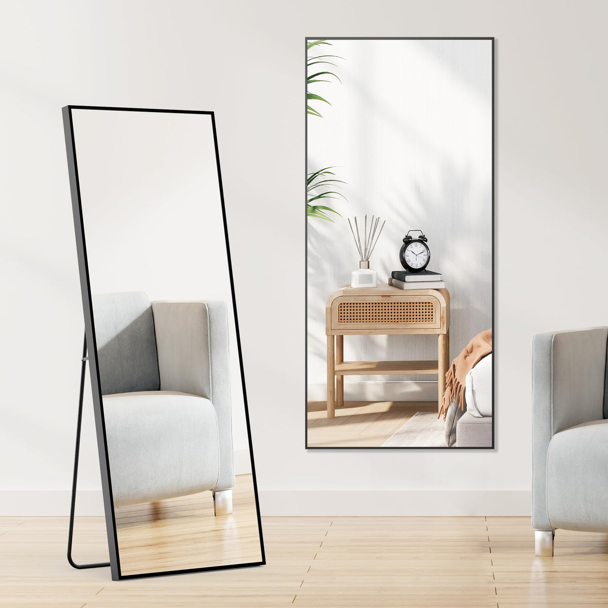 DUMOS Full Length Mirror Body Floor Mirror for Bedroom or Cloakroom, Can Stand Alone, Hang or Lean Against Wall, Tall Wall Mirror with Stand and Sleek Aluminum Alloy Thin Frame