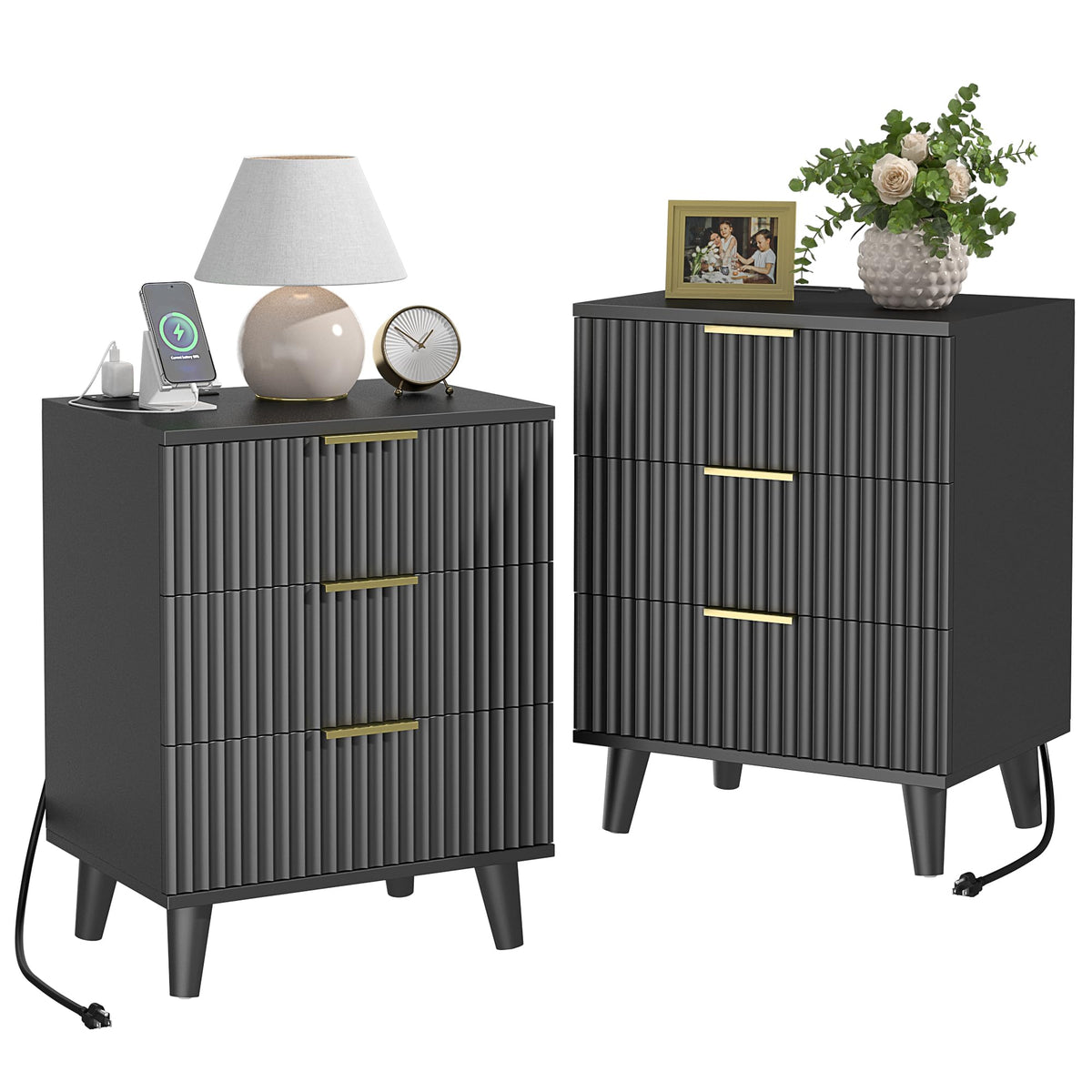 Lulive Wood Black Dresser for Bedroom Fluted Modern Chest of Drawers Storage Organizer