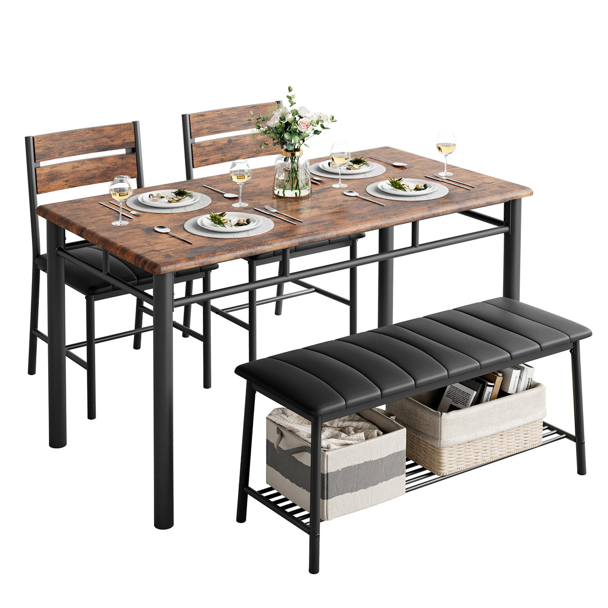 IRONCK Dining Table Set for 4, Kitchen Table with Upholstered Bench and 2 Chairs, Kitchen Table and Chairs Set for Small Space, Apartment