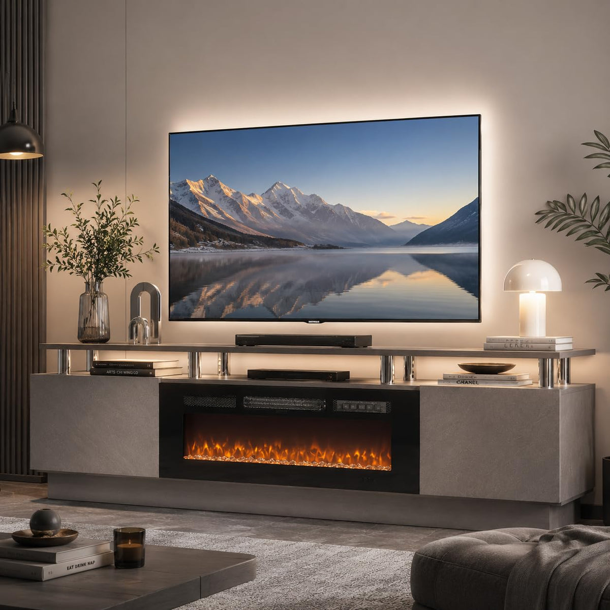 OneBlis Fireplace TV Stand, 70" Entertainment Center & Media Console, Fits TVs up to 80", Modern Living Room TV Cabinet with Storage Shelves, 36" Electric Fireplace, LED Flame