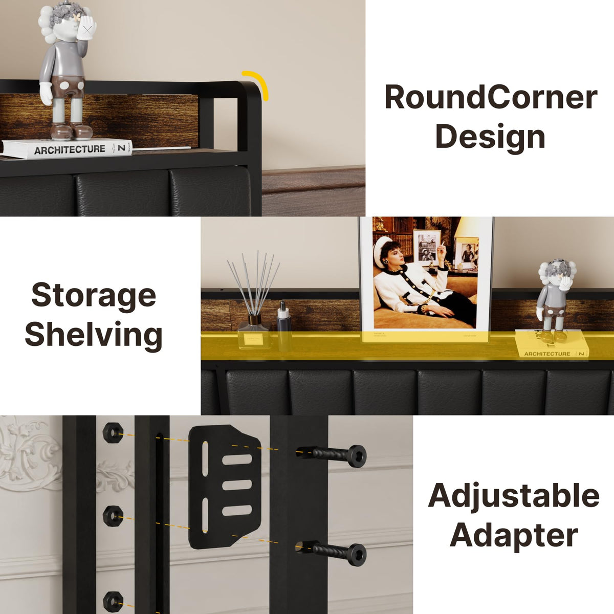 Muluflower Upholstered Headboard with LED Lights & Charging Station, PU Upholstery, Headboard Only, Height Adjustable, Attach Frame, Sturdy and Stable, Easy Assembly
