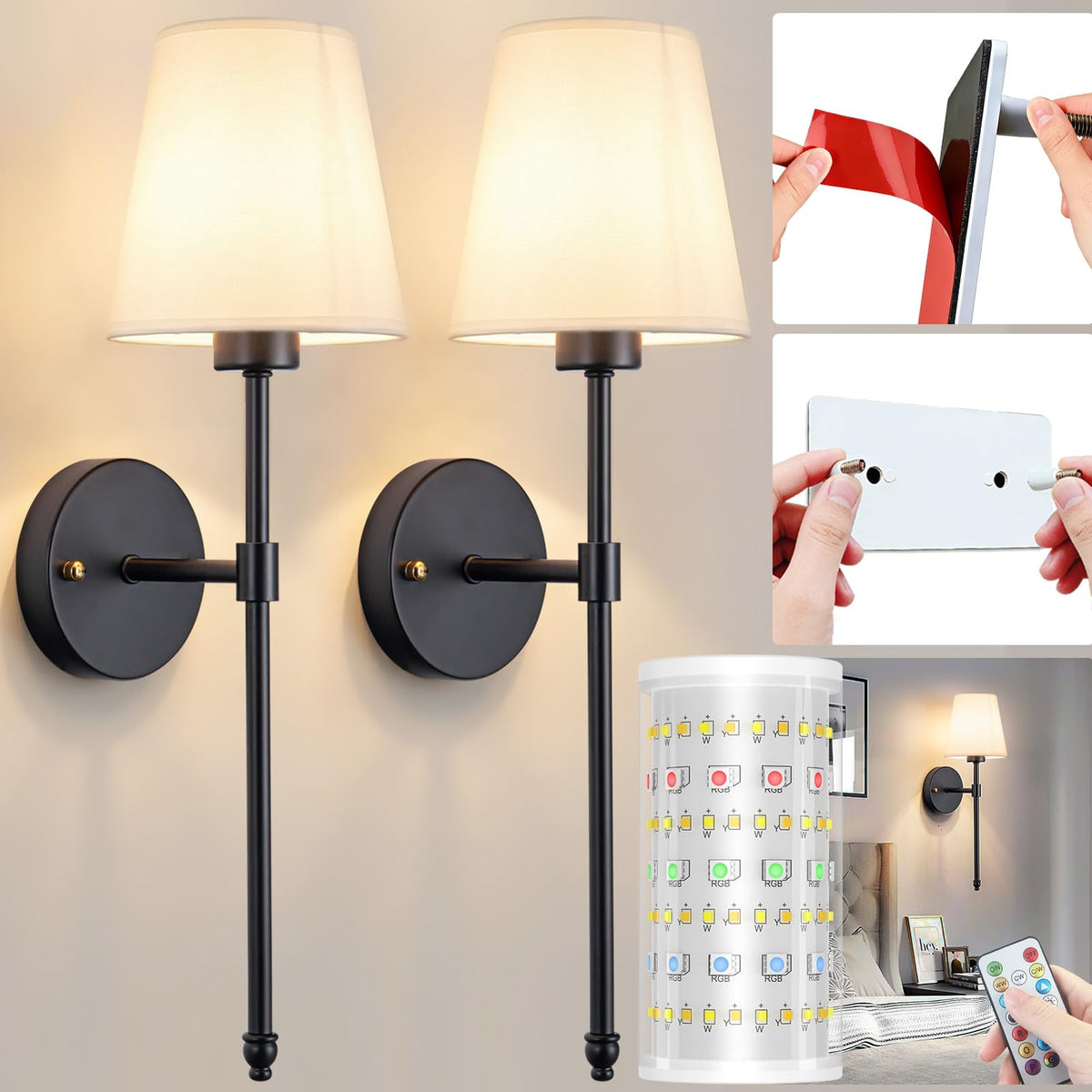 Battery Operated Wall Sconces Set Of Two, Wireless Battery Wall Light With 10000mAh RGB Rechargeable Magnetic Bulb, Rechargeable Wall Sconce With Remote Control For Bedroom, No Electrician Required