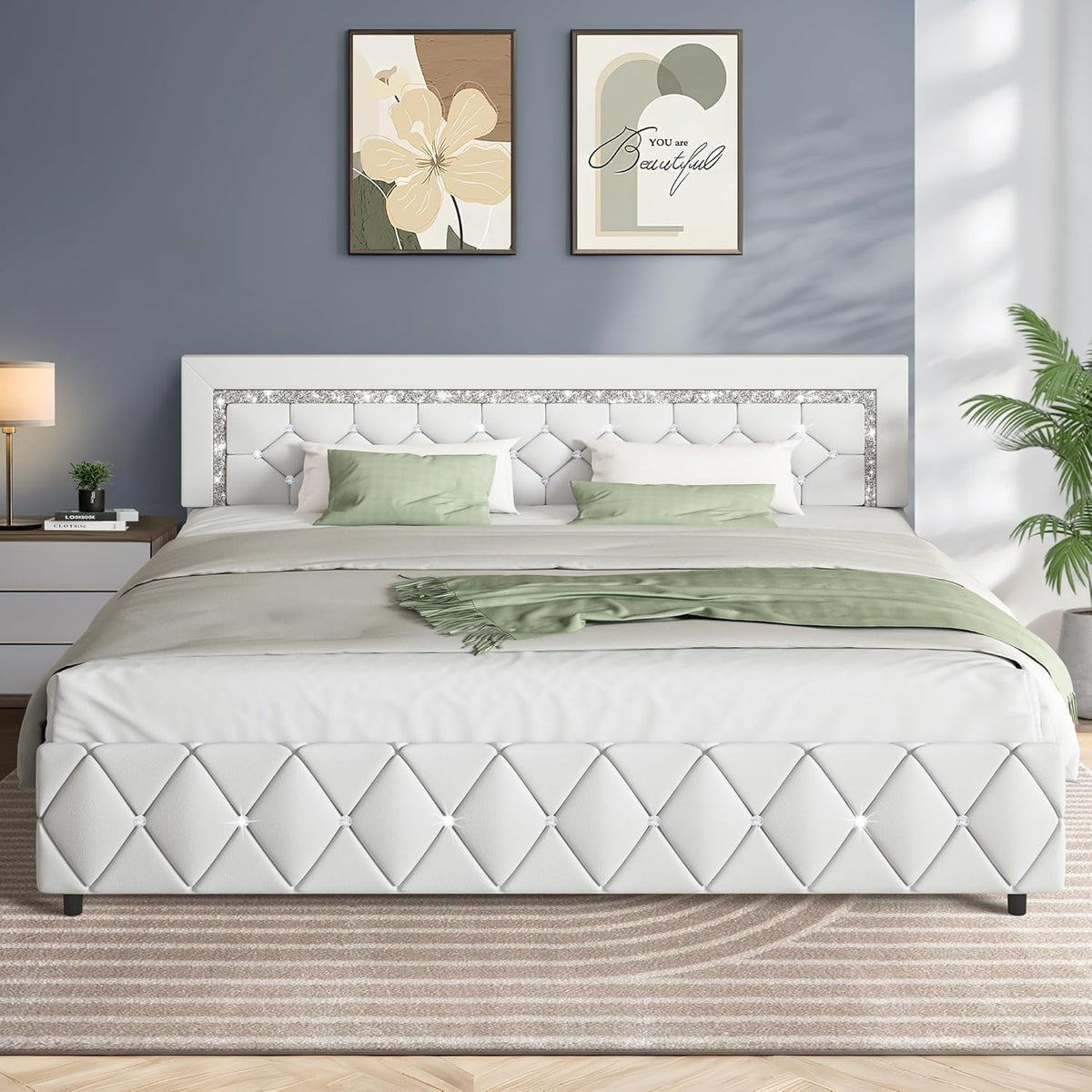HOMBCK Bed Frame with Diamond Headboard, Faux Leather Upholstered Platform Bed, Mattress Foundation, No Box Spring Needed, Easy Assembly