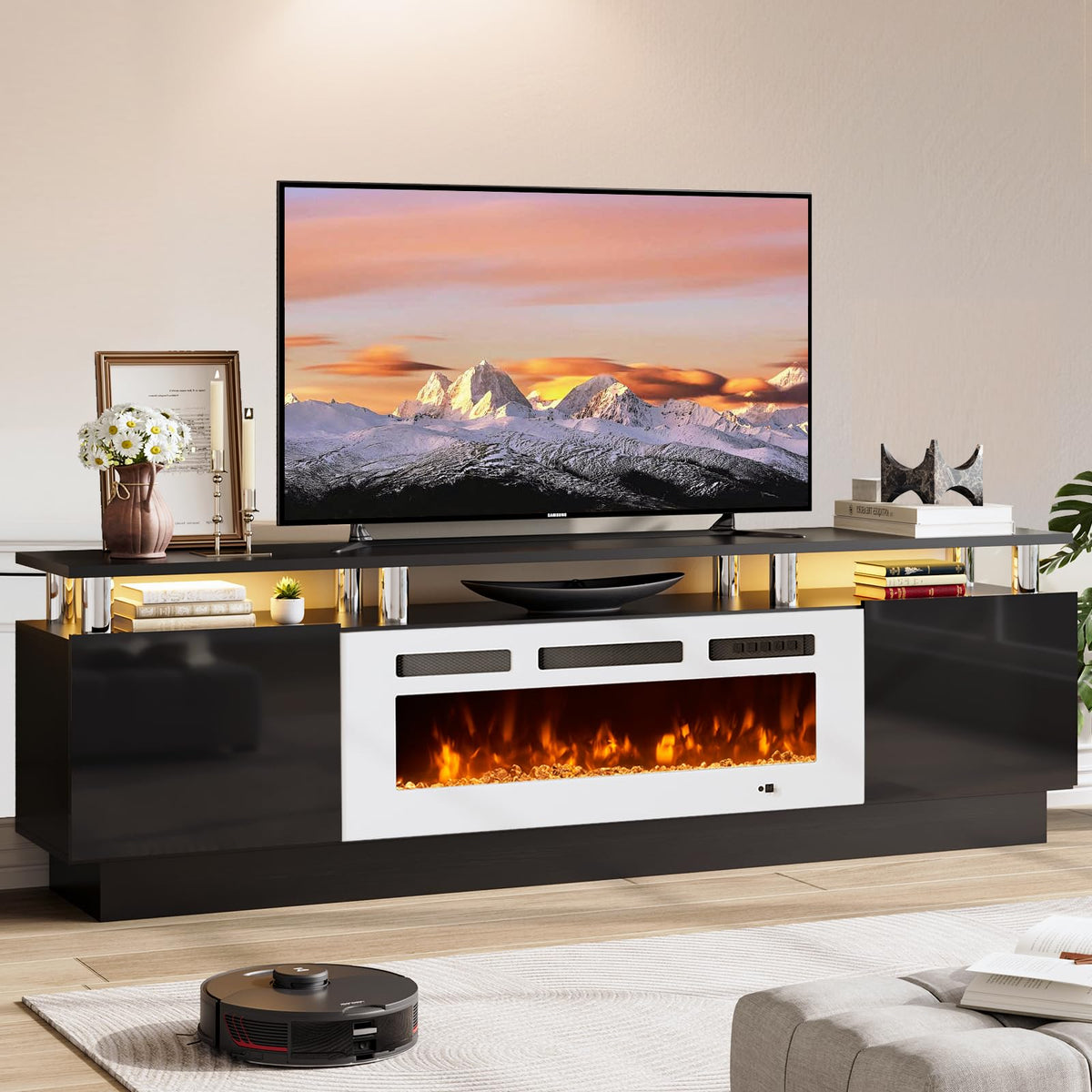 OneBlis Fireplace TV Stand, 70" Entertainment Center & Media Console, Fits TVs up to 80", Modern Living Room TV Cabinet with Storage Shelves, 36" Electric Fireplace, LED Flame