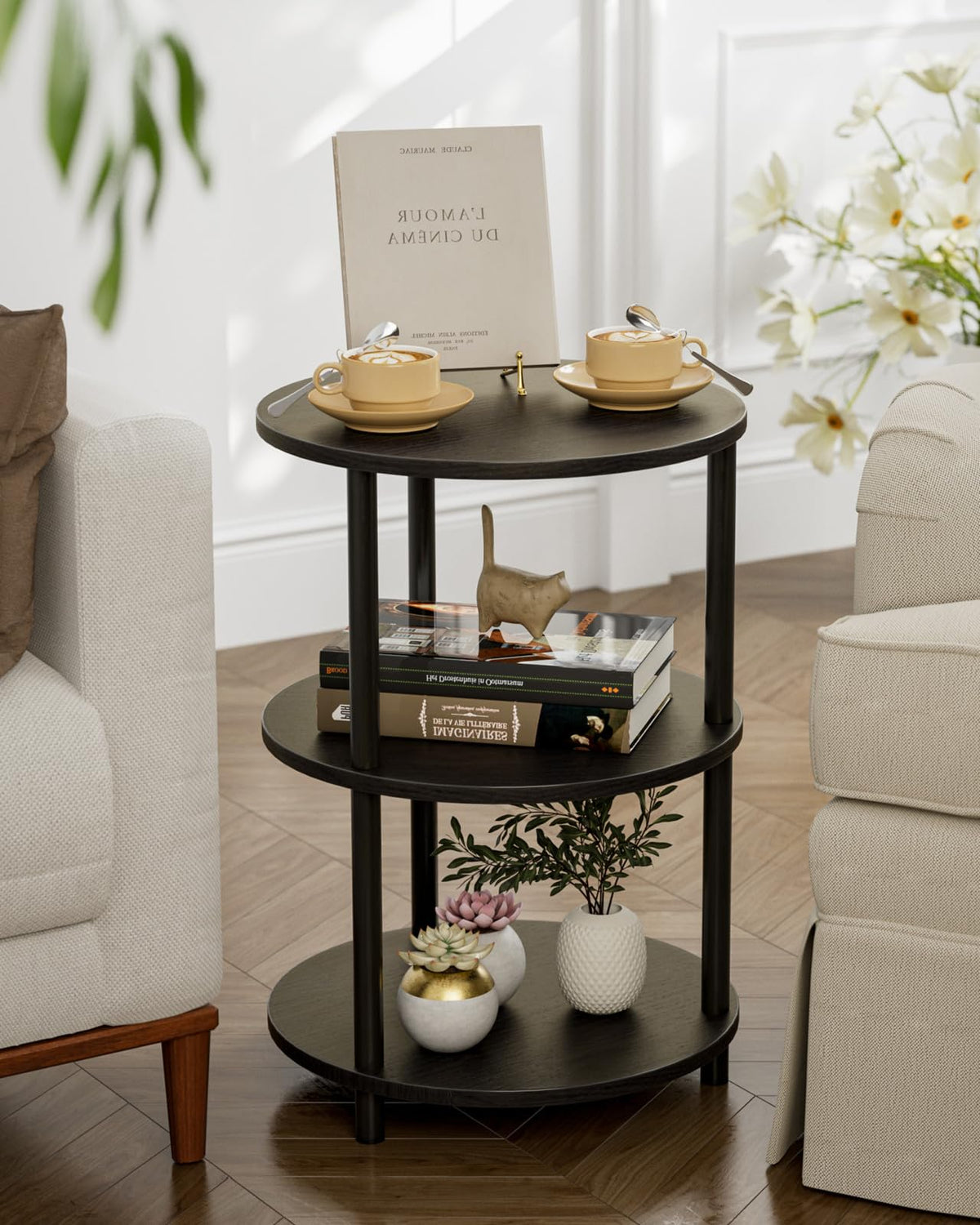 XBurmo Small Round End Table - 3 Tier Design Accent Table, Narrow Side or Bedside Stand, Industrial Vintage Nightstand for Bedroom, Living Room, or Small Spaces