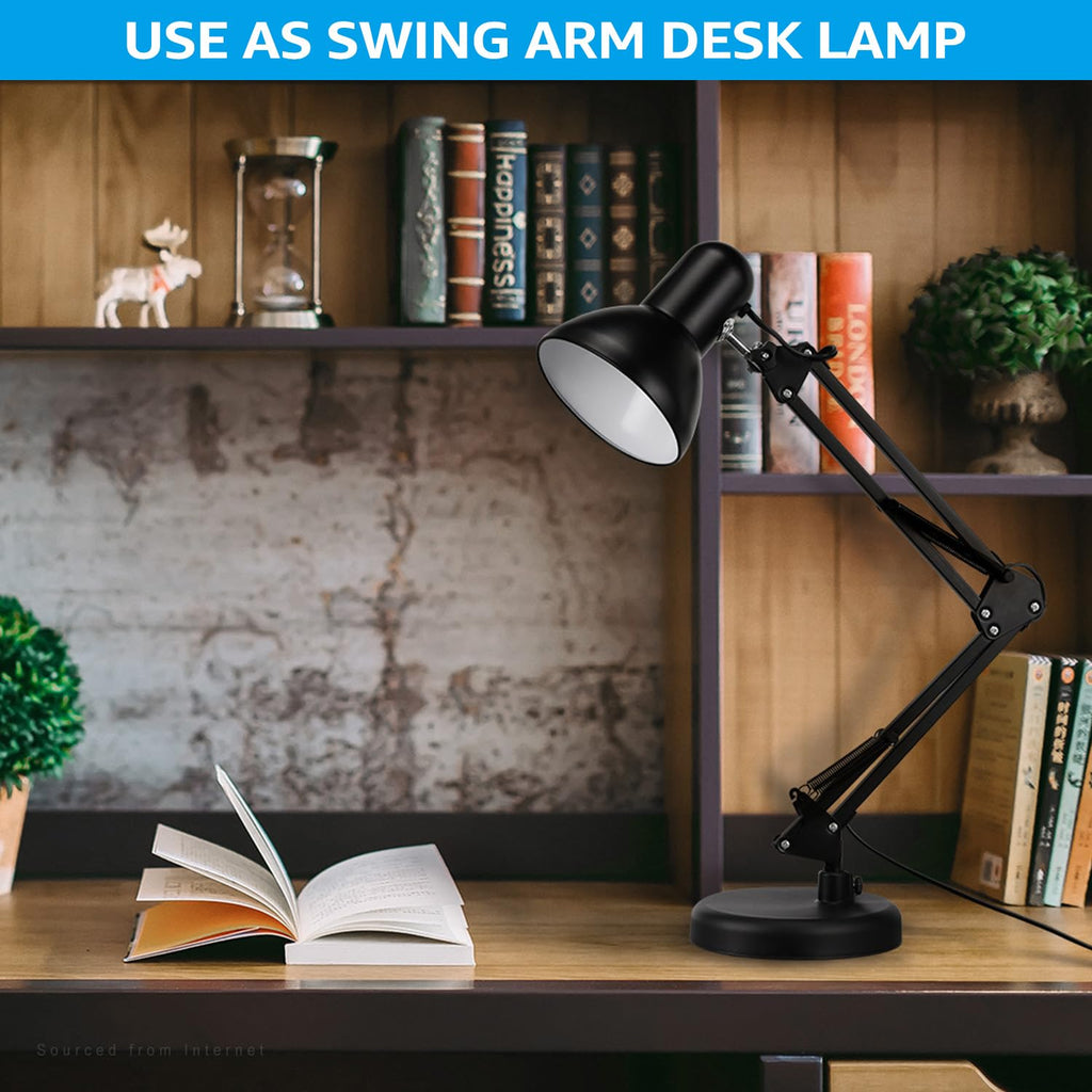 TORCHSTAR Metal Desk Lamp, Swing Arm Desk Lamp with Clamp, Adjustable Goose Neck Architect Study Table Lamp, Clip On Eye-Caring Reading Lamp for Home, Office, Multi-Joint, Black Finish