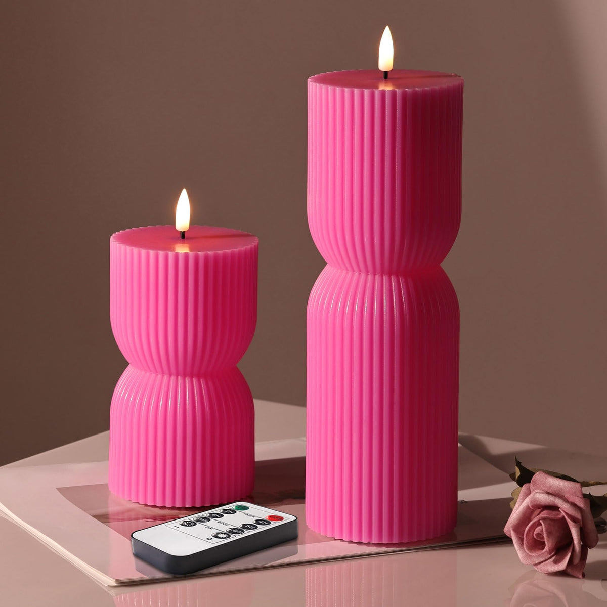 Girimax Ribbed Flameless Pillar Candles with Remote Set of 2