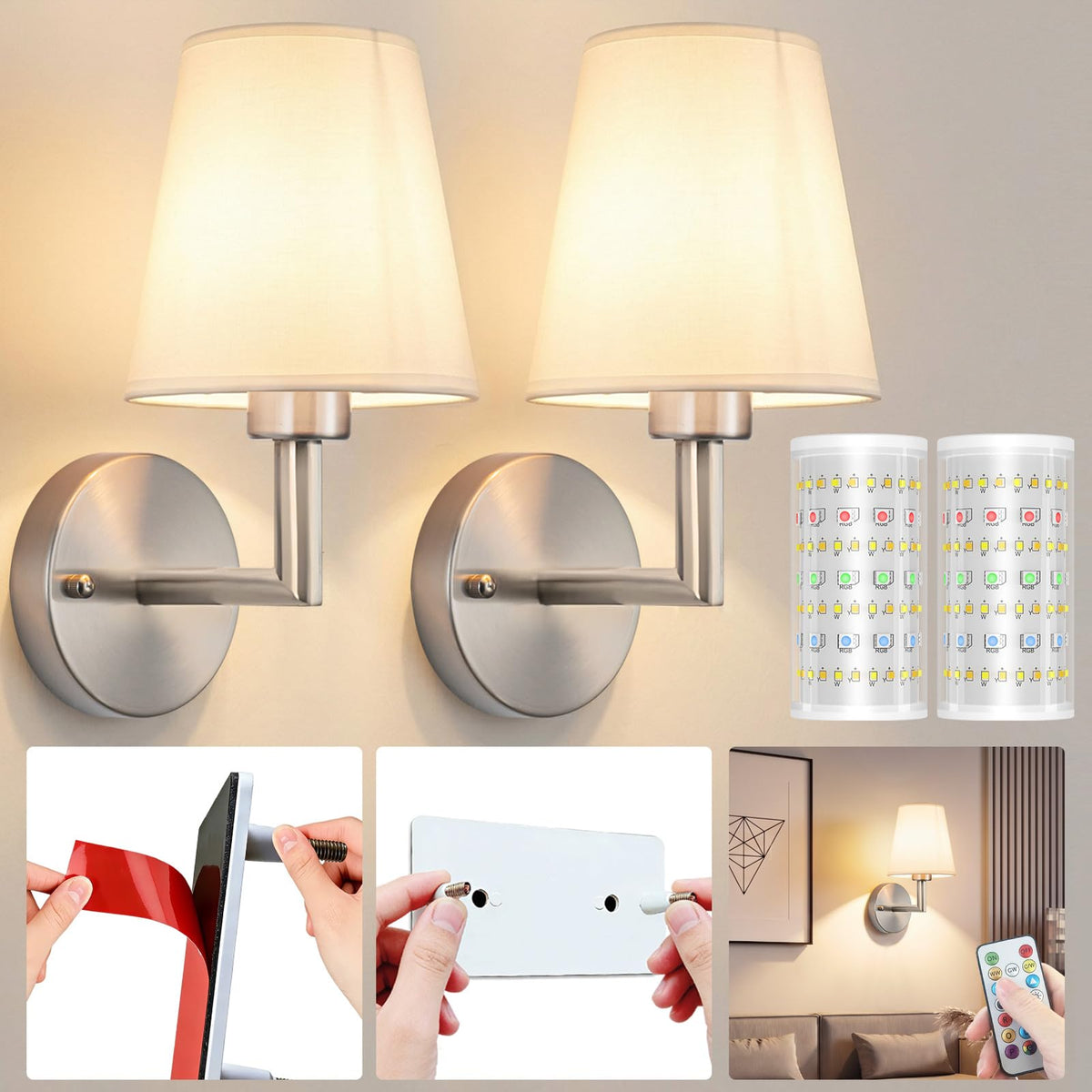 Battery Operated Wall Sconces Set Of Two, Wireless Battery Wall Light With 10000mAh RGB Rechargeable Magnetic Bulb, Rechargeable Wall Sconce With Remote Control For Bedroom, No Electrician Required