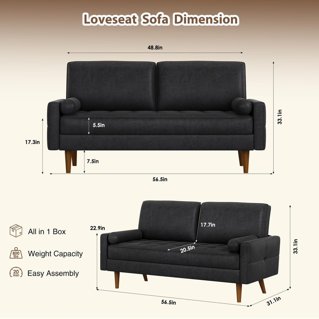 HIFIT 58" Loveseat Sofa Couch, Mid Century Modern Faux Leather Couch, Brown