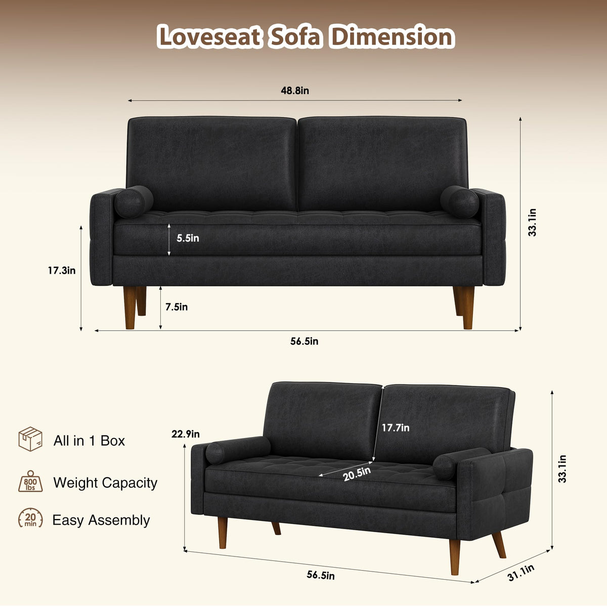 HIFIT 58" Loveseat Sofa Couch, Mid Century Modern Faux Leather Couch, Brown