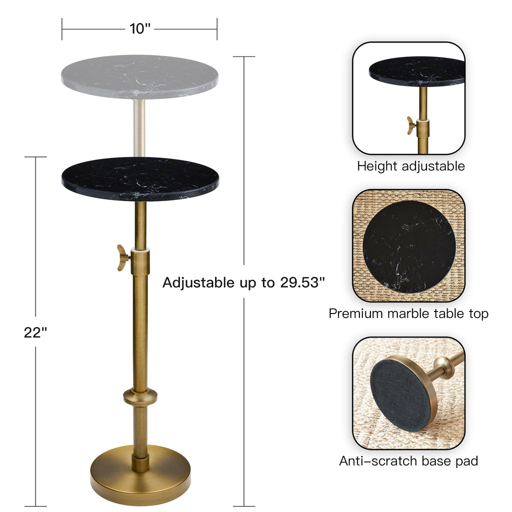Adjustable 10" White Marble Drink Table with 2 Coasters, Antique Brass⁠