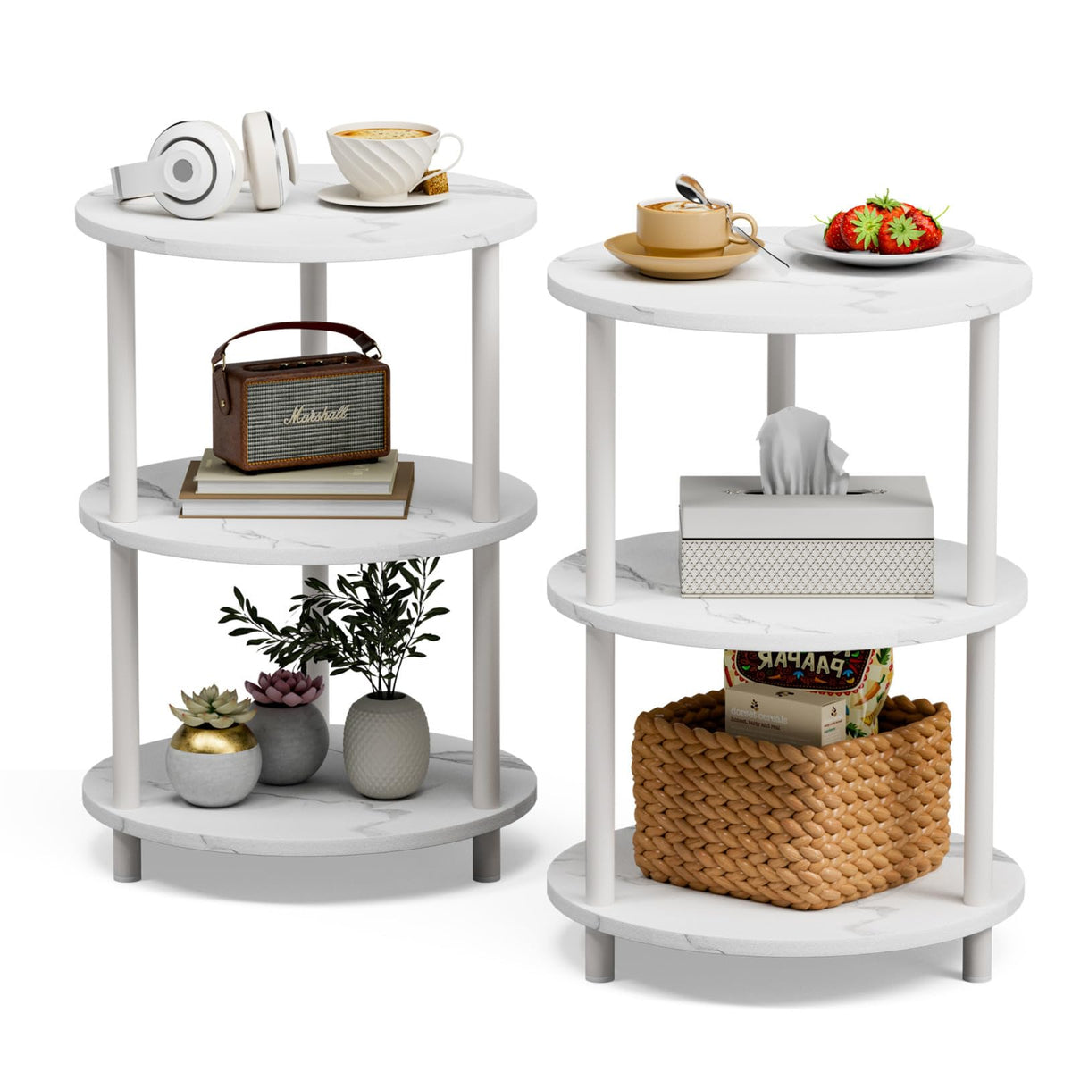 XBurmo Small Round End Table - 3 Tier Design Accent Table, Narrow Side or Bedside Stand, Industrial Vintage Nightstand for Bedroom, Living Room, or Small Spaces