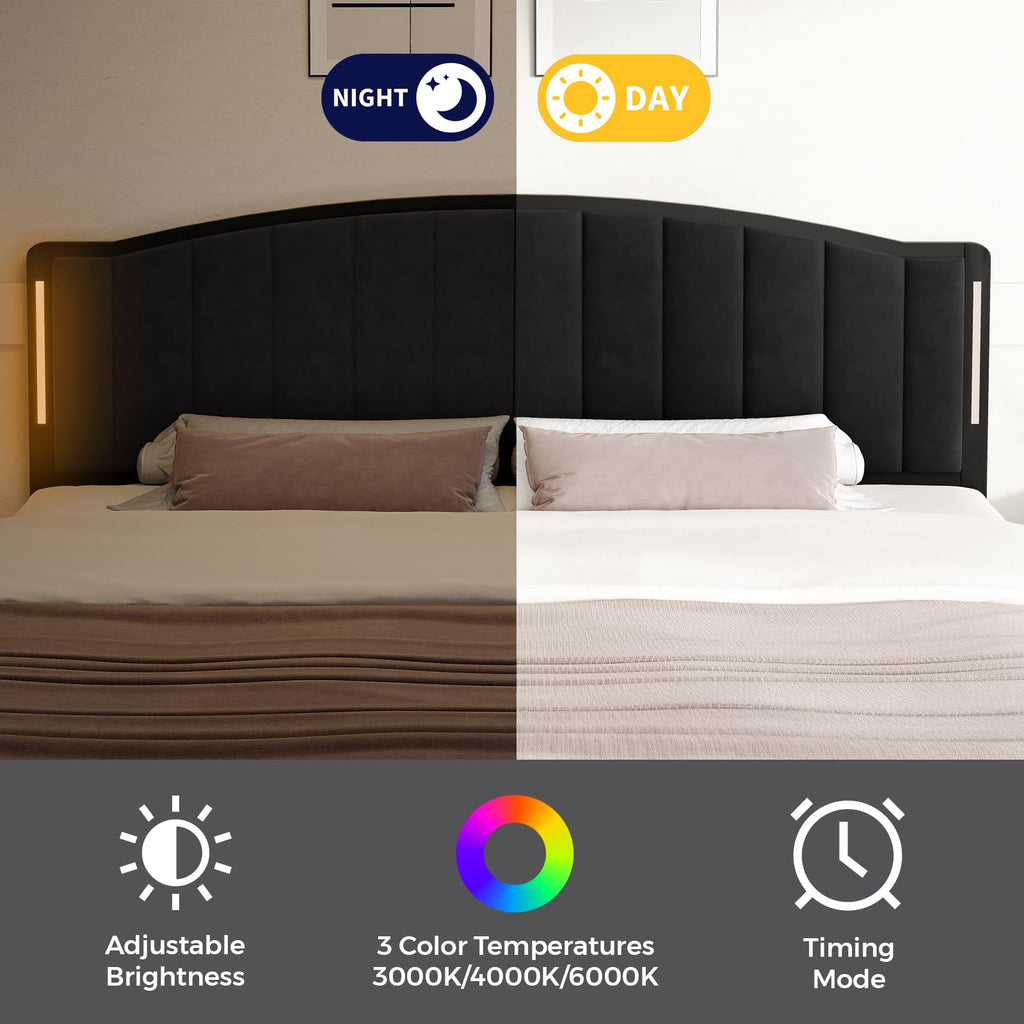 Salamir Headboard for Bed with LED Lights, Upholstered Vertical Channel Tufting Head Boards, Linen Fabric Bed Headboard Only, Study & Comfortable, Ideal for Bedroom, Dorm, Guest Room, Grey