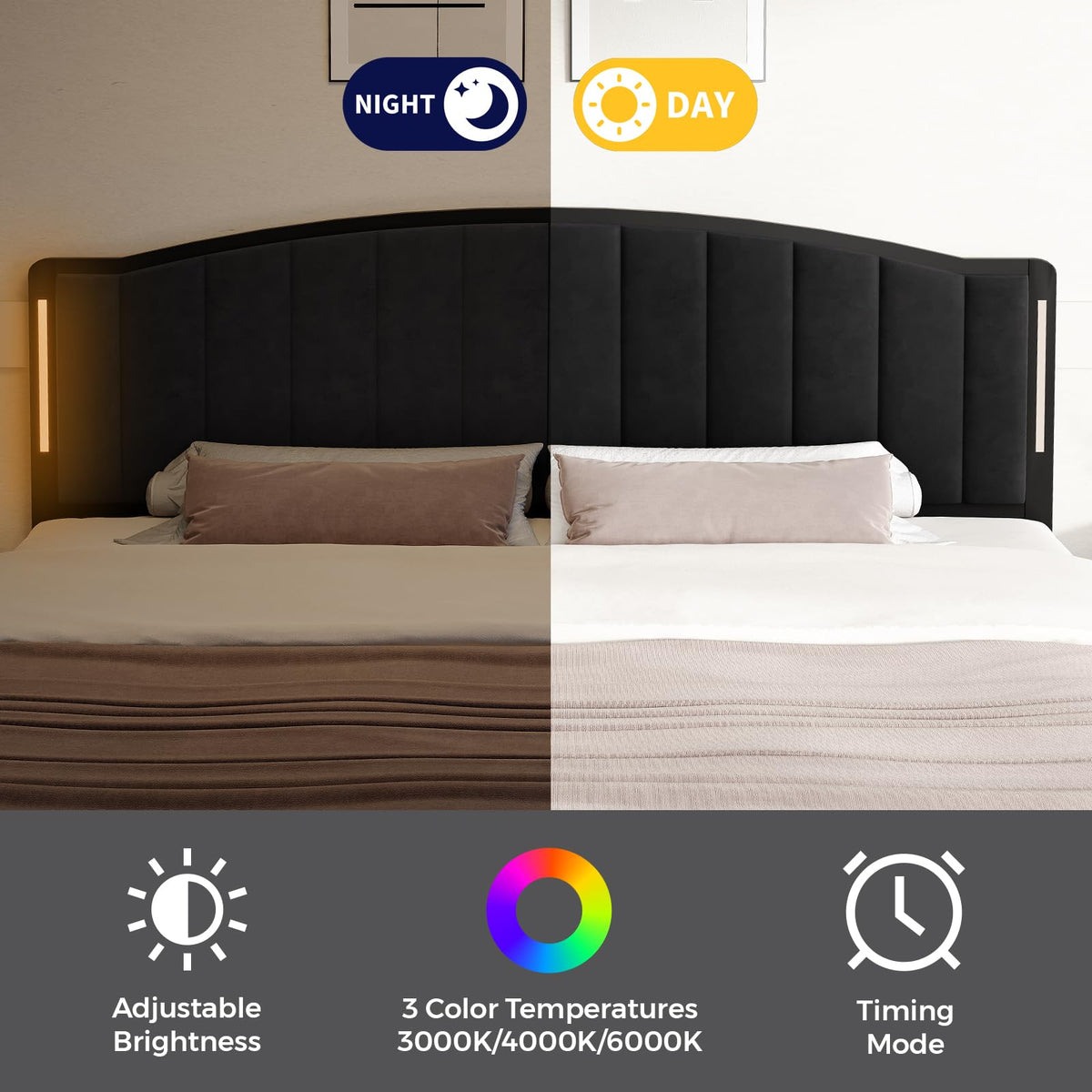 Salamir Headboard for Bed with LED Lights, Upholstered Vertical Channel Tufting Head Boards, Linen Fabric Bed Headboard Only, Study & Comfortable, Ideal for Bedroom, Dorm, Guest Room, Grey
