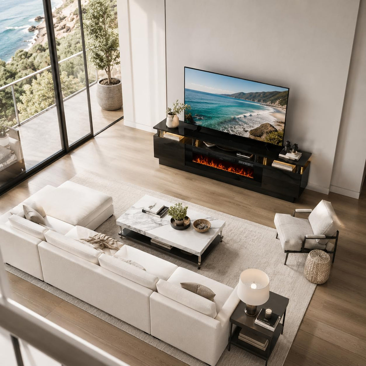 OneBlis Fireplace TV Stand, 70" Entertainment Center & Media Console, Fits TVs up to 80", Modern Living Room TV Cabinet with Storage Shelves, 36" Electric Fireplace, LED Flame