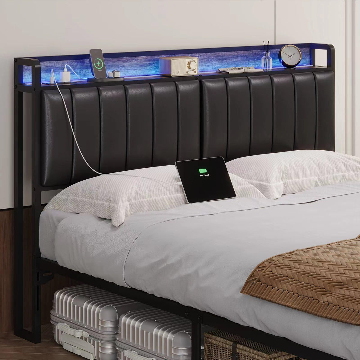 Muluflower Upholstered Headboard with LED Lights & Charging Station, PU Upholstery, Headboard Only, Height Adjustable, Attach Frame, Sturdy and Stable, Easy Assembly
