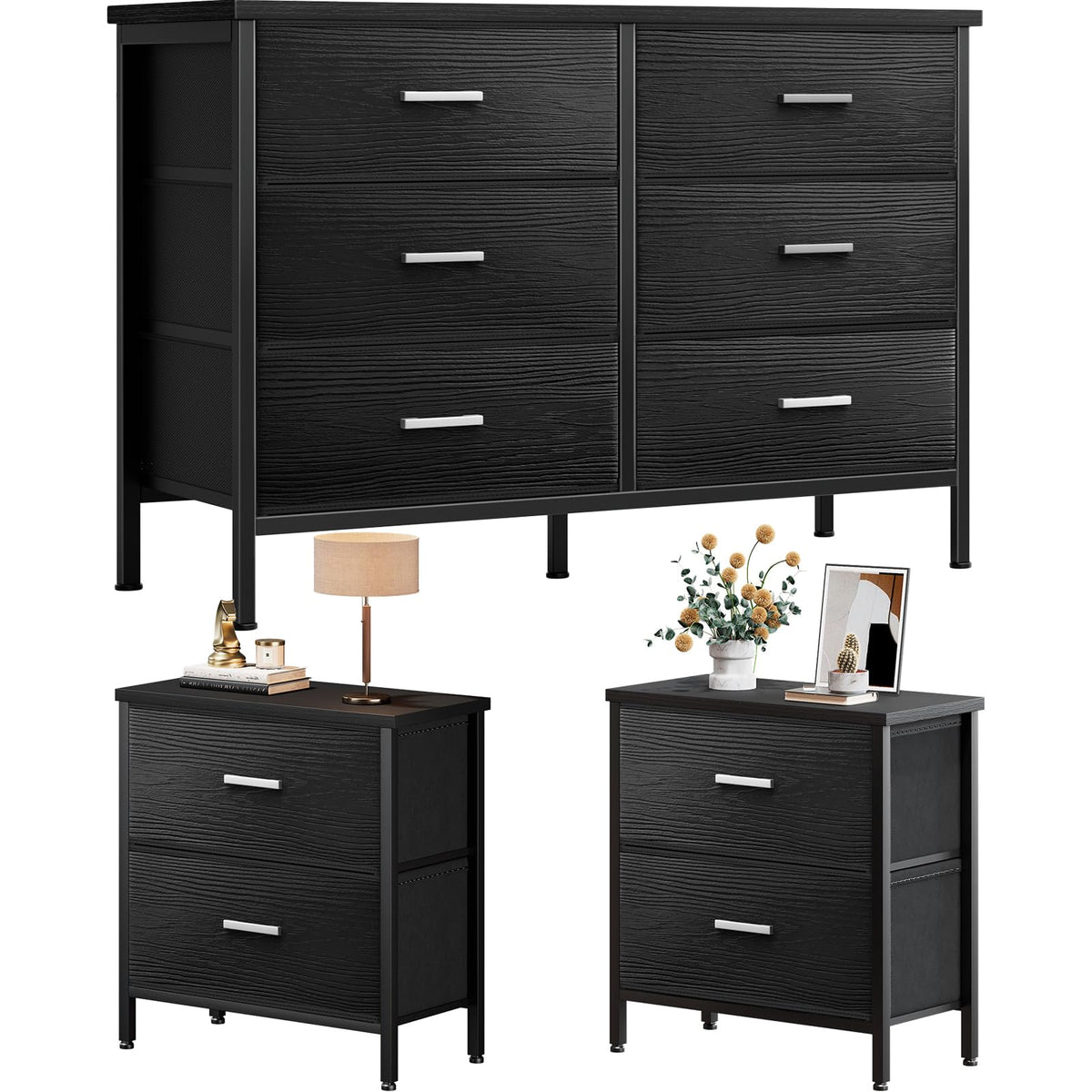 KAI-ROAD Dresser and Nightstand Set 3 Piece Dresser with 6 Fabric Drawers for Bedroom Sets Modern