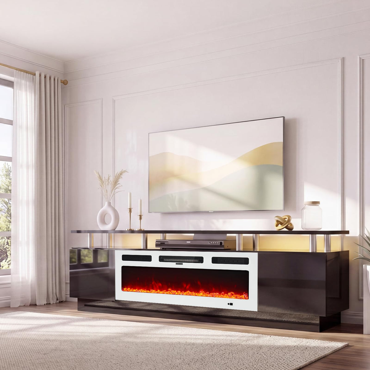 OneBlis Fireplace TV Stand, 70" Entertainment Center & Media Console, Fits TVs up to 80", Modern Living Room TV Cabinet with Storage Shelves, 36" Electric Fireplace, LED Flame