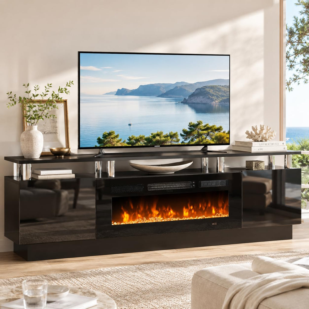 OneBlis Fireplace TV Stand, 70" Entertainment Center & Media Console, Fits TVs up to 80", Modern Living Room TV Cabinet with Storage Shelves, 36" Electric Fireplace, LED Flame